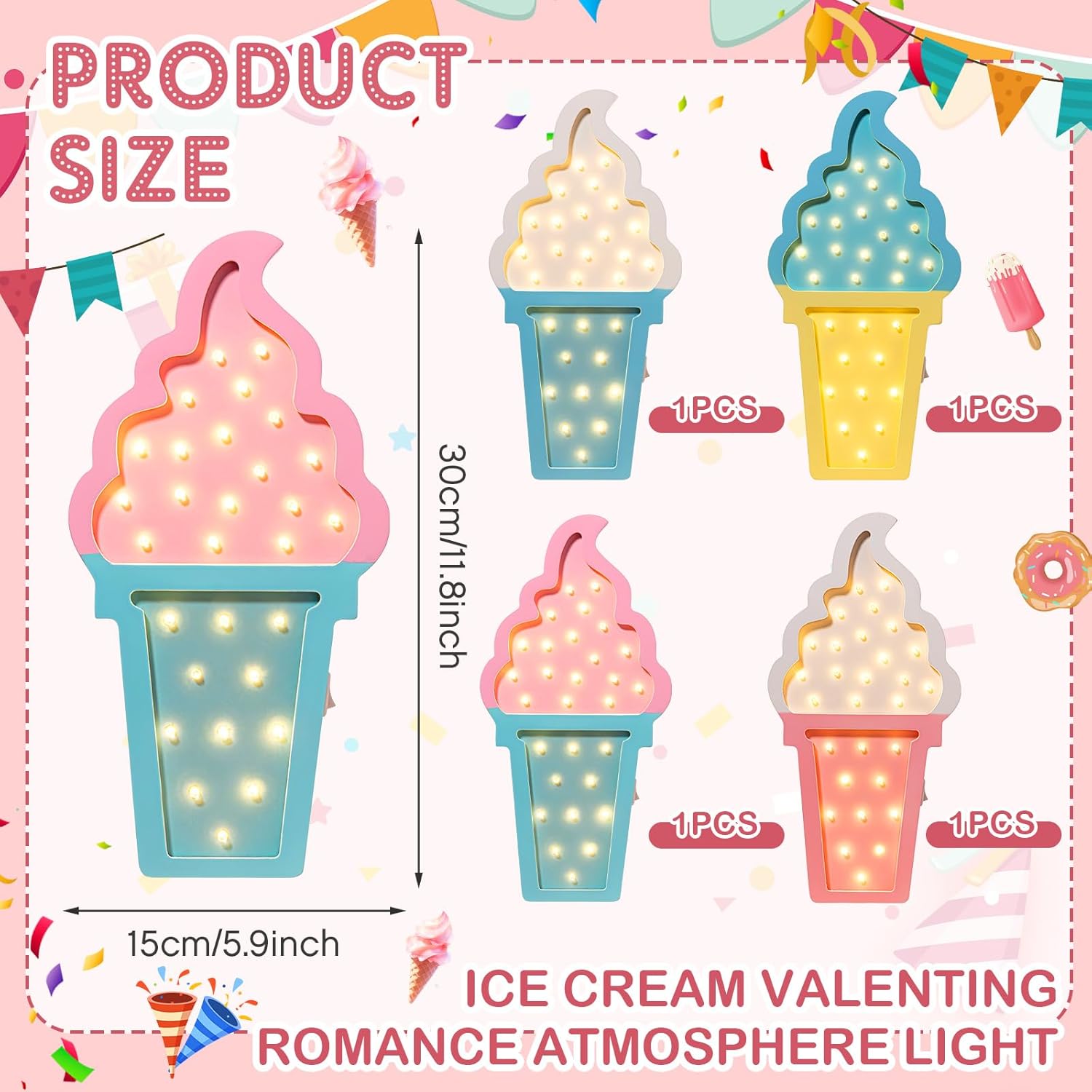 4 Pcs Ice Cream Night Party Decorations LED Lights, Wooden Wall Decor for Baby Showers, Ice Cream Truck Parties, Summer Birthday & Romantic Atmosphere Battery Operated Lamp Set - Open Box