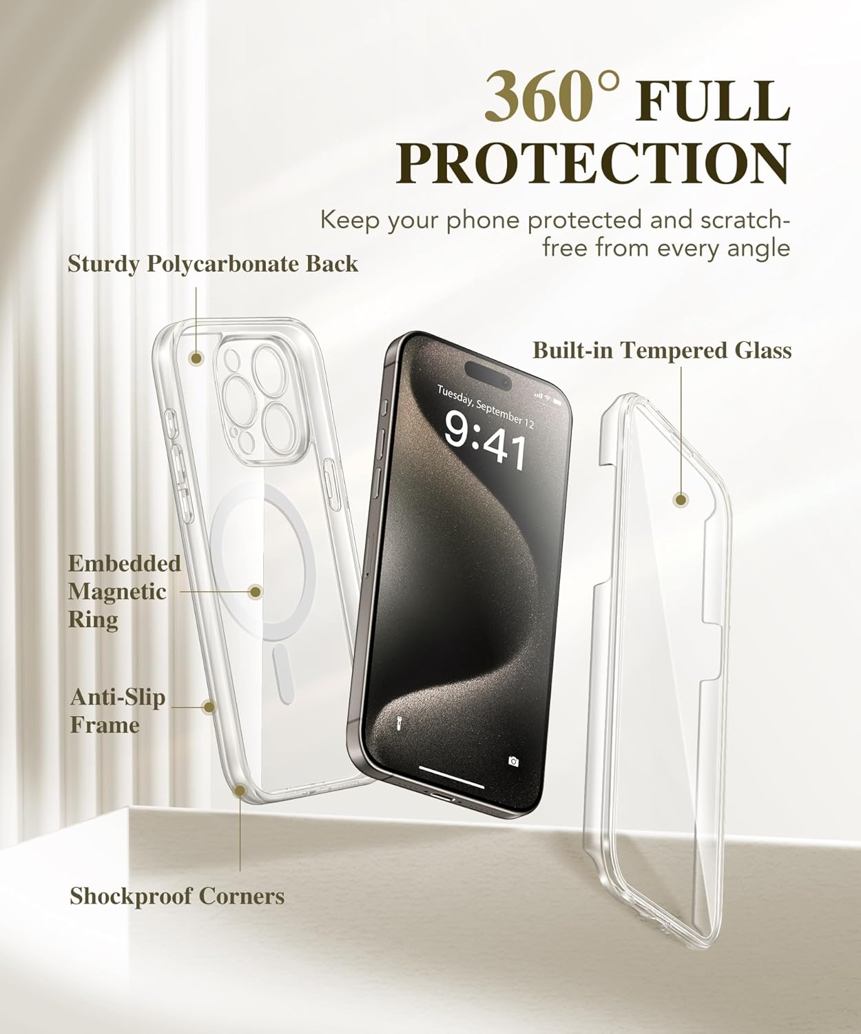 BERFY Magnetic for iPhone 15 Pro Max Case, Compatible with Magsafe, Built-in 9H Tempered Glass Screen Protector & Full Camera Protection, Full Body Clear Shockproof Phone Case for 15 Pro Max, Clear - Open Box