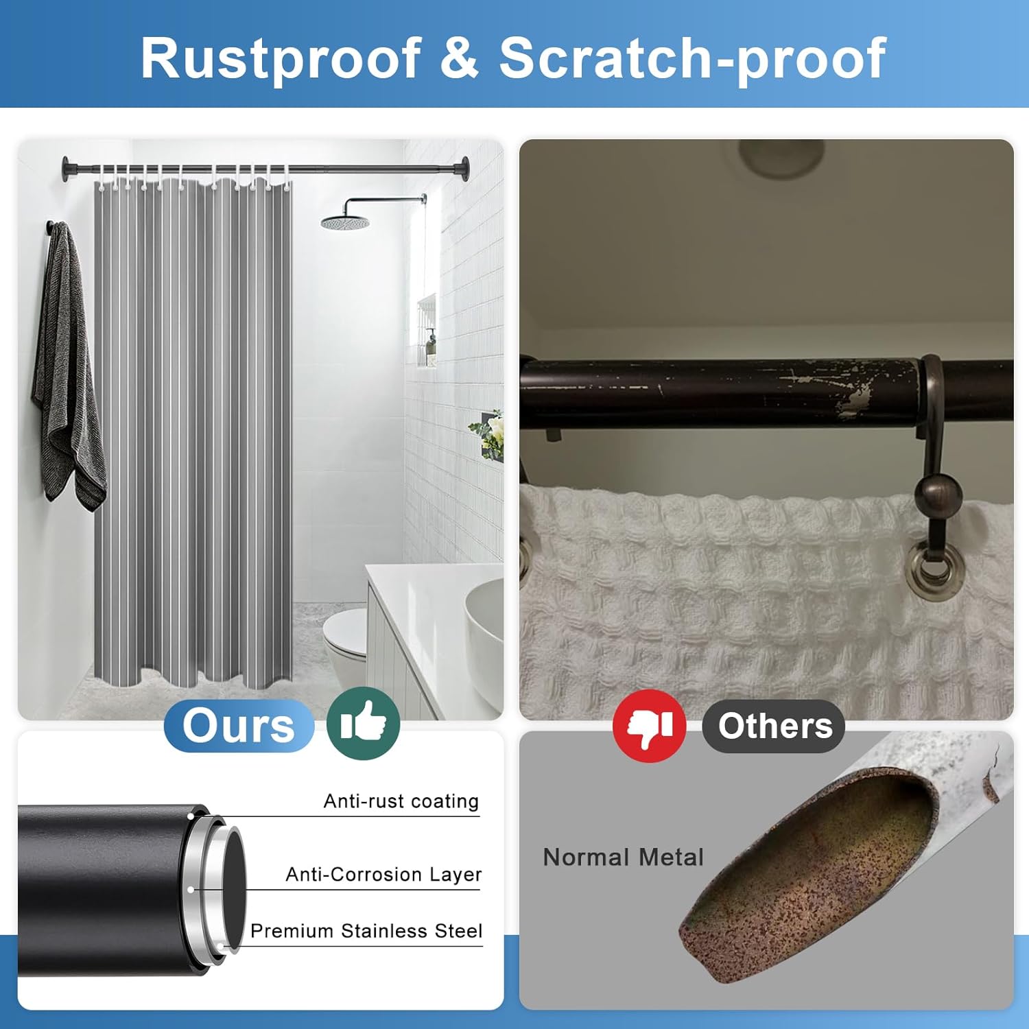 Heavy Duty Shower Rod - Industrial Shower Curtain Rod Wall Mounted for Bathroom,Room Divider,Outdoor Patio - 28 to 62"Adjustable Closet Rod for Hanging Clothes,Black  - Open Box