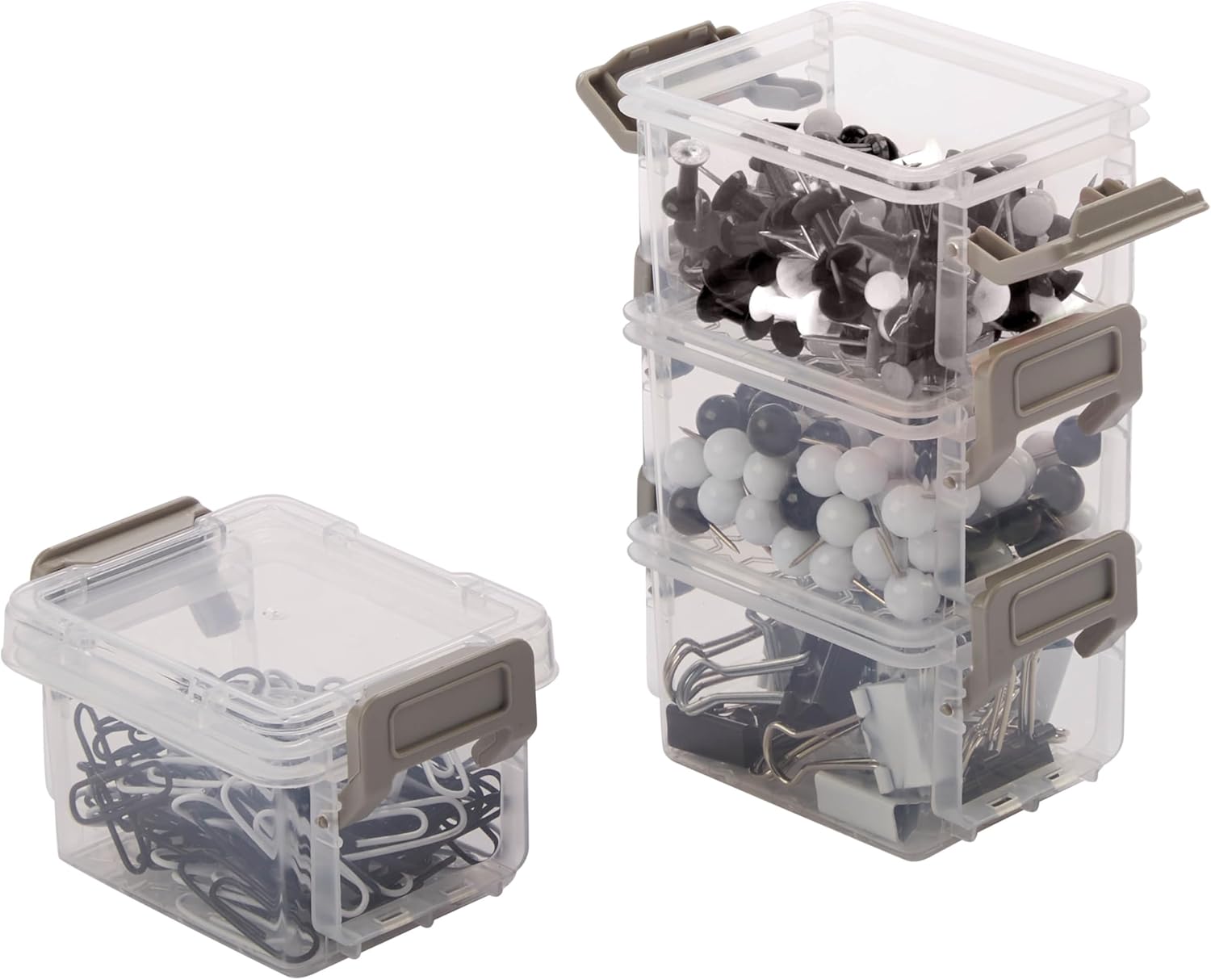 Simplify Storage Boxes| 4 Pack | 5oz | Stackable | Lockable Lid | Great for Office Accessories | Home Storage | Clear and Grey