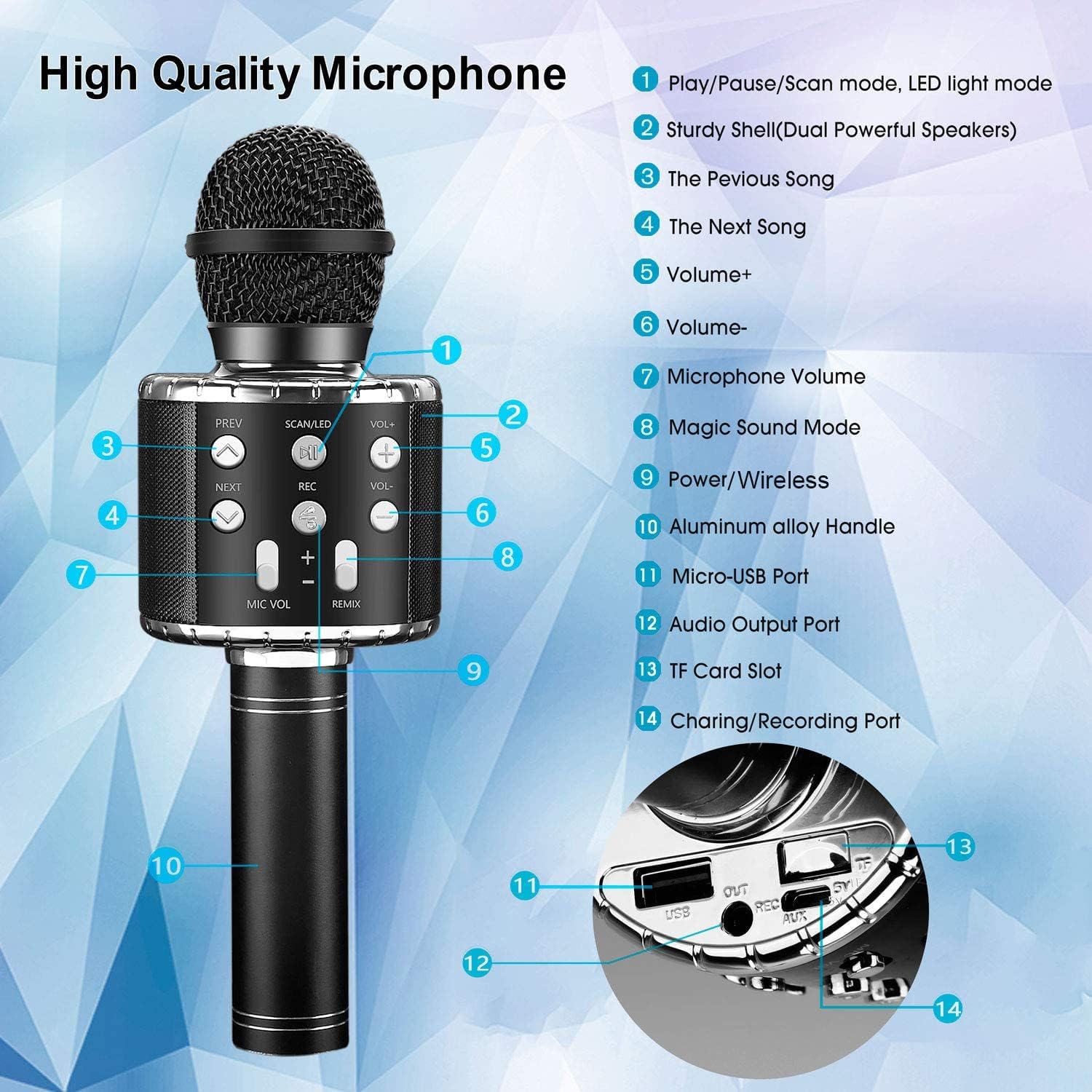 BlueFire 4 in 1 Karaoke Wireless Microphone with LED Lights, Portable Microphone for Kids, Great Gifts Toys for Kids, Girls, Boys and Adults (Black) - Open Box