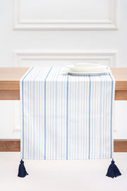 Hofdeco Premium Coastal Indoor Outdoor Blue Table Runner, 18“x108” Waterproof Dining for Patios, Missi Stripe Tassel - Open Box