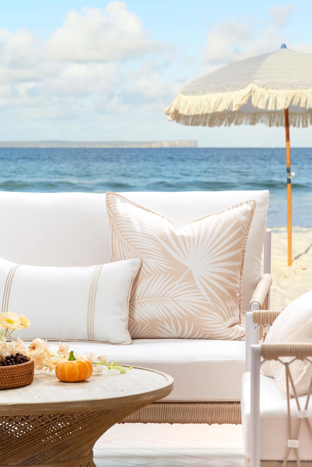 Hofdeco Premium Fall Coastal Patio Indoor Outdoor Pillow Cover Only, 20"x20" Water Repellent for Backyard, Couch, Neutral Tan Palm Leaf