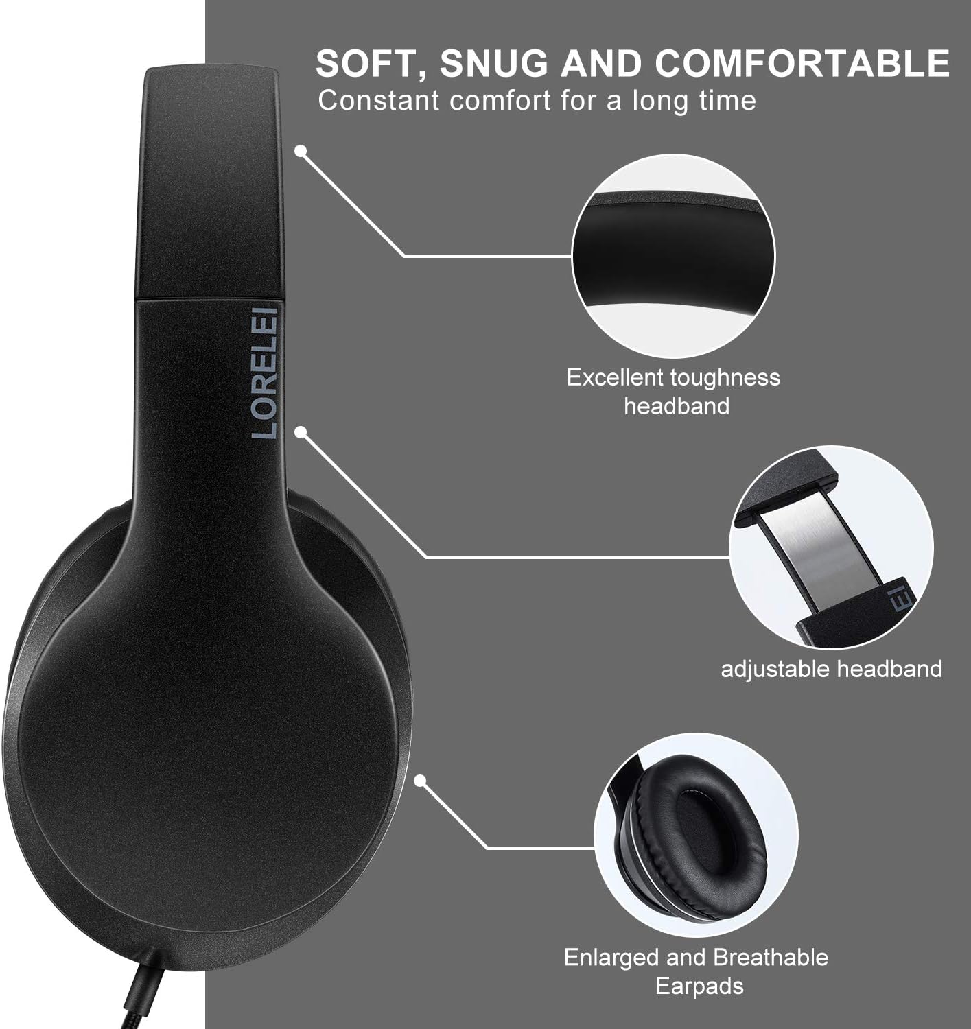 LORELEI X6 Over-Ear Wired Stereo Bass Headphones with Microphone, Space Black - Open Box