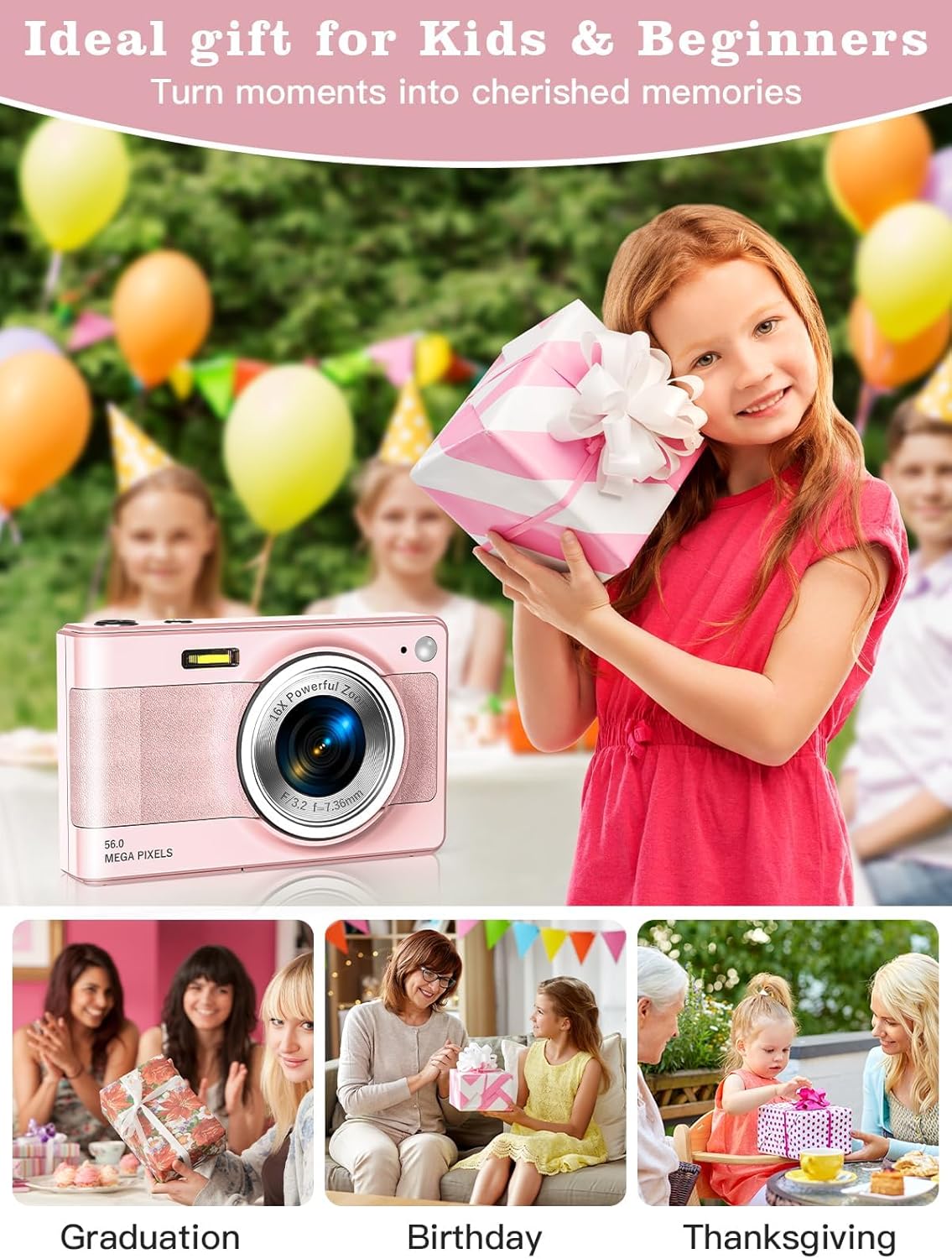Upgrade Kids Digital Camera - 56MP FHD 1080P with 16x Zoom, Anti-Shake, 32GB TF Card, Two Batteries, Lanyard - Compact Small Camera for Kids (Pink)