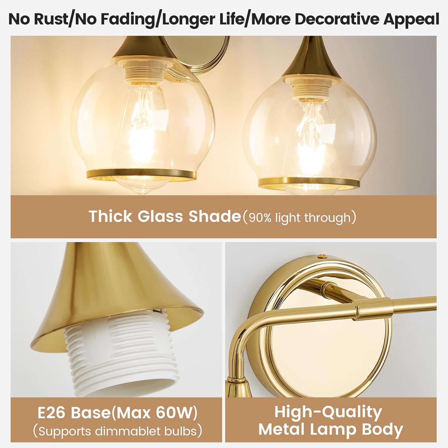 SILAMPDI Gold Bathroom Light Fixtures 2-Lights Vanity Lights with Clear Glass Shade Bathroom Vanity Light 14 Inch Wall Sconces for Mirror Bedroom Living Room Hallway (Exclude E26 Bulb) - Open Box