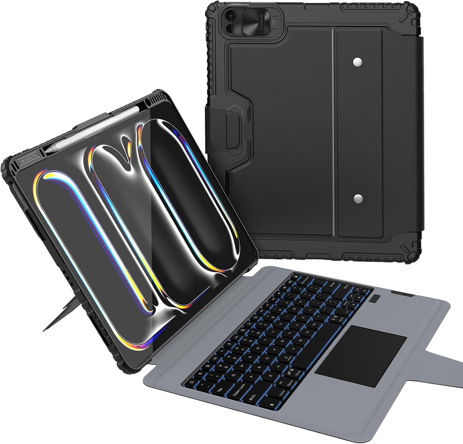 Nillkin iPad Pro 13 inch (M4) Case with Detachable Keyboard, Magic Trackpad, 7 Colors Backlit, Rugged Keyboard Case with Camera Cover for iPad Pro 13” 2024, Black - Open Box