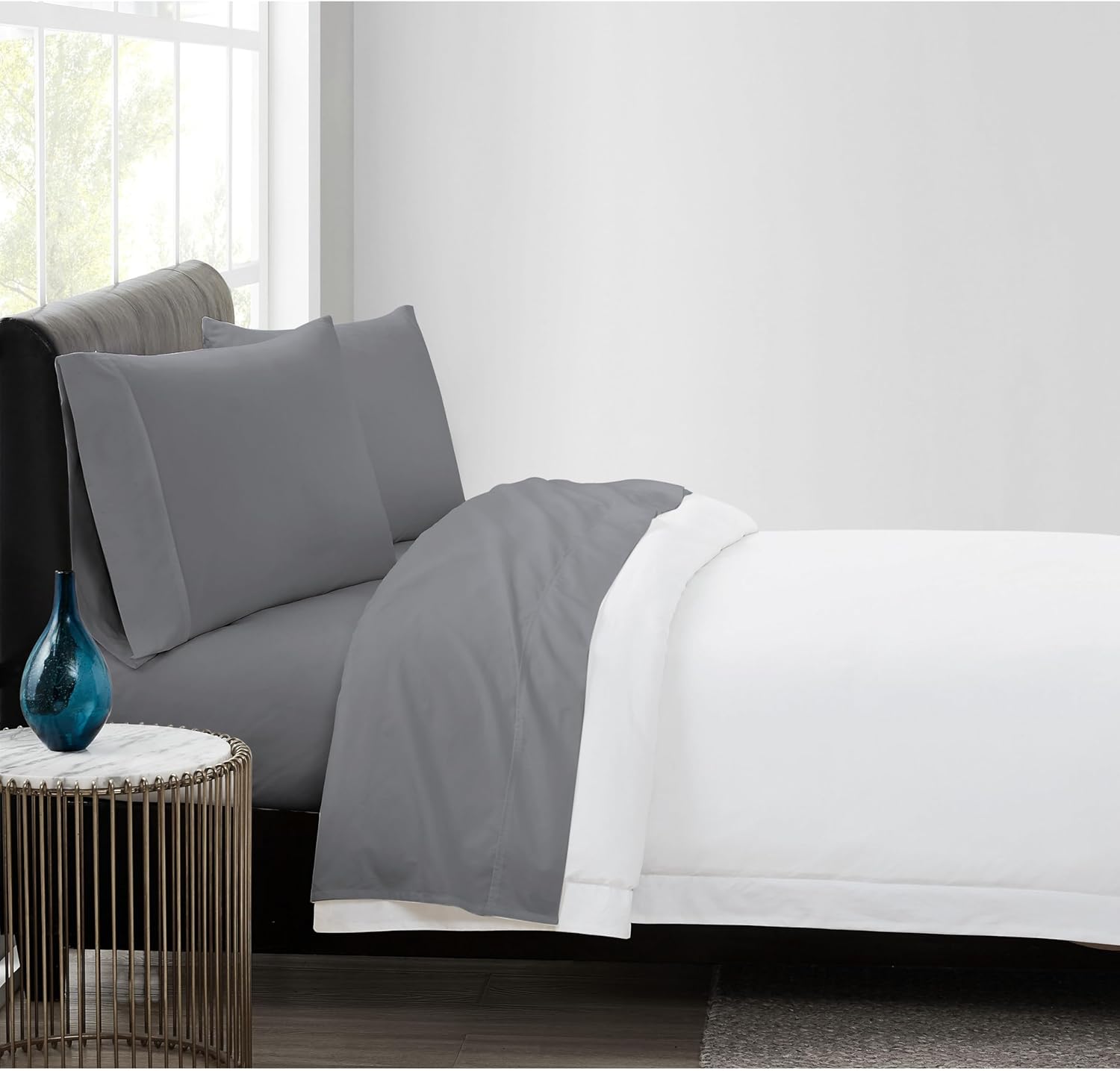 Vince Camuto 400TC Percale Sheets Grey Cotton 4-Piece King Sheet Set, Solid Color, 100% Cotton, for Men and Women, Oeko-TEX Certified Confidence