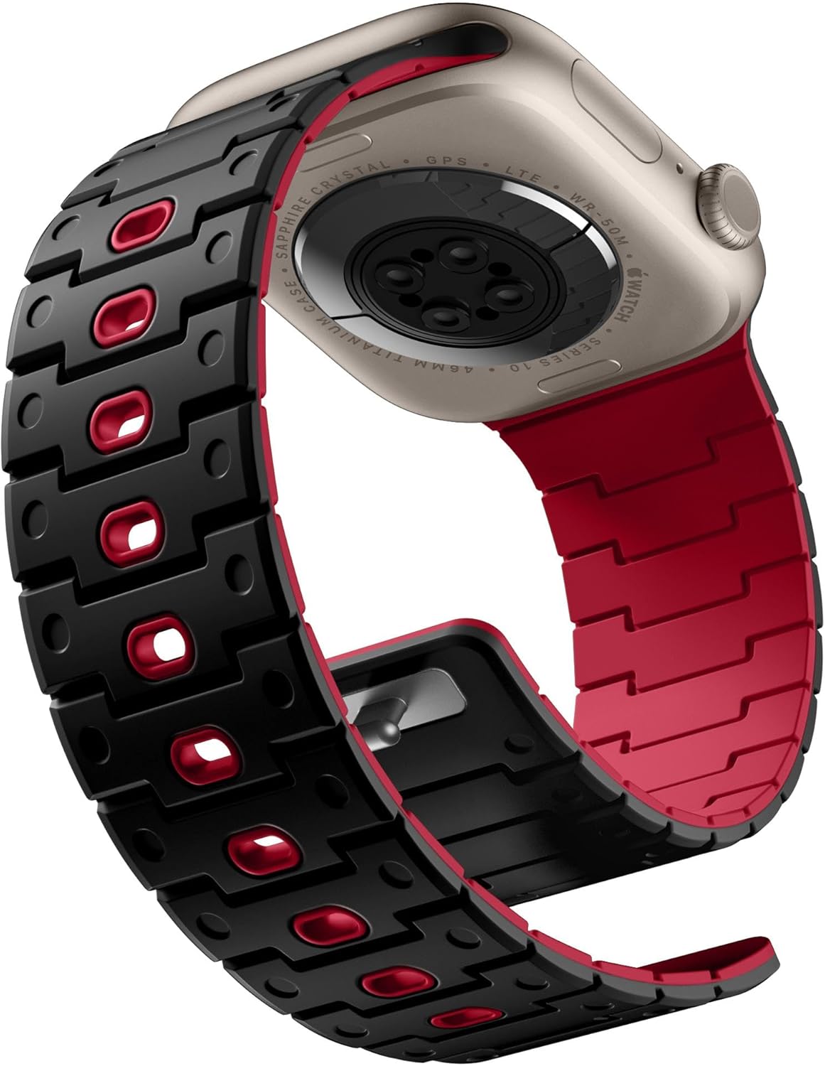 Magnetic Silicone Watch Band Compatible with Apple Watch Series 10 Band 46mm for Men 49mm/45mm/44mm/42mm(3/2/1), Rugged Soft Silicone Sport Watchband for iWatch SE2/SE/9/8/7/6/5/4, Black/Red - Open Box