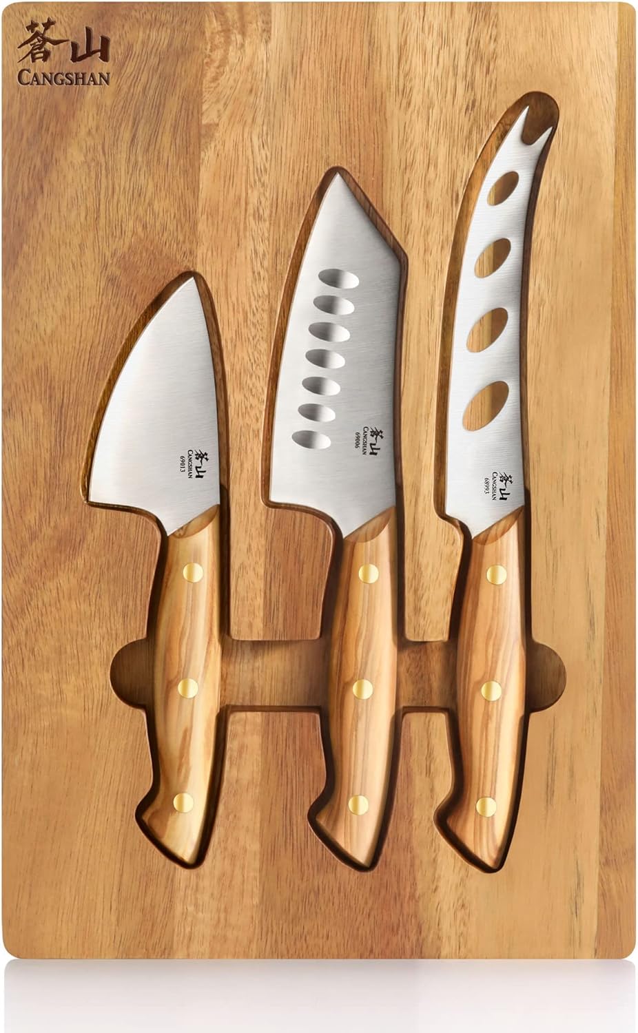 Cangshan 1027327 3-Piece Olive Wood Cheese Knife Set with Acacia Cheese Board