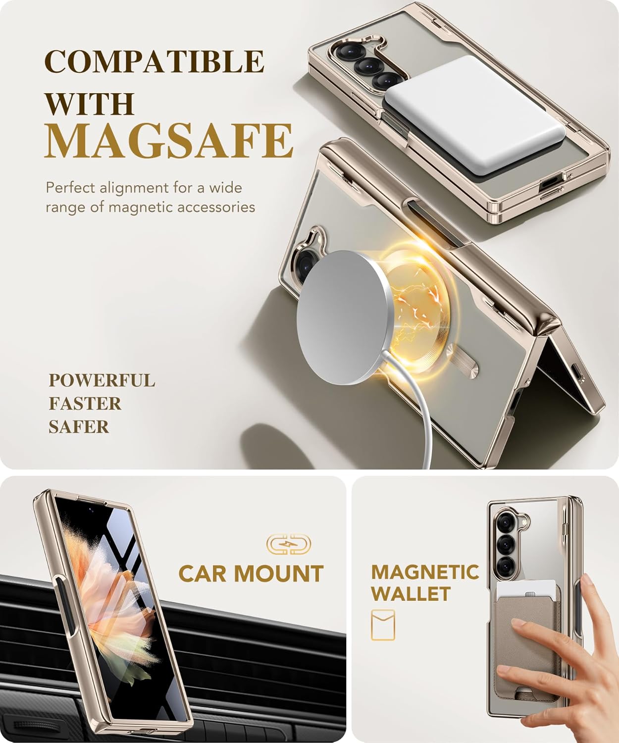 BERFY Upgraded Magnetic for Z Fold 6 Case with S Pen Holder, Compatible with Magsafe, [Built-in Screen Protector & Hinge Protection] Full-Body Slim Phone Case for Samsung Galaxy Z Fold 6, Grayish Gold - Open Box