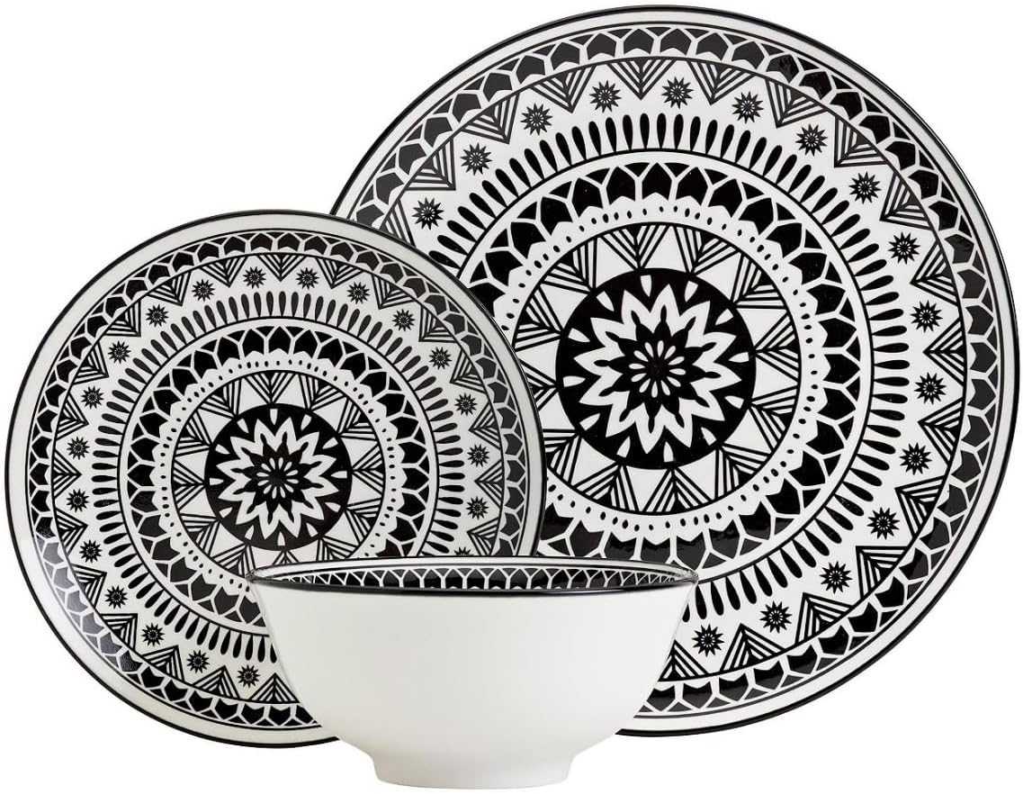 Tabletops Gallery 12 Piece Black Pad Print Dinnerware Set Microwave Safe/Dishwasher Safe