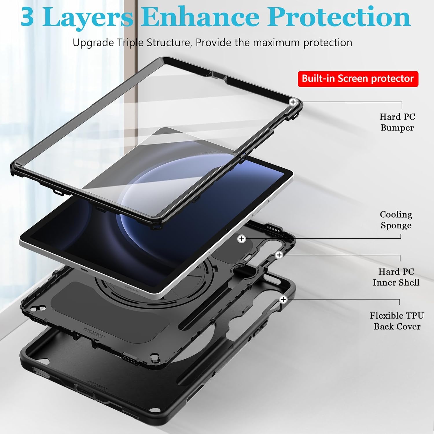 Case for Galaxy Tab S10 Lite &S10 FE S9 FE 10.9"/S9 11 Inch: TPU Cover for Samstng Tablet S10 FE/ 2025/ S9 FE & S9 2023 5G with Screen Protector- Stand- Handle-Shoulder Strap-S-Pen Holder-Black ***NO STRAP***