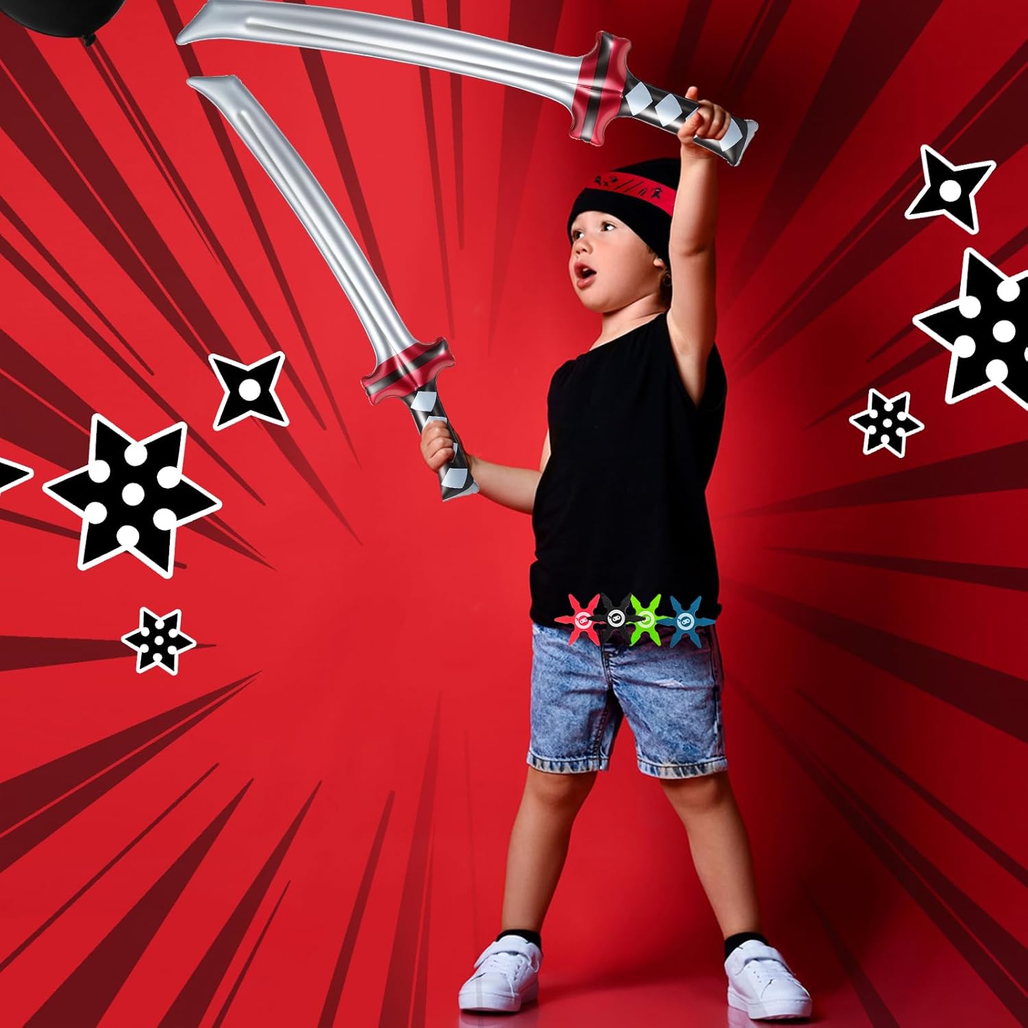 Deekin 48 Pcs Ninja Karate Party Favors Includes Inflatable Sword,Throwing Foam Star Toys,Karate Headbands for Ninja Theme Party Decorations Goodie Bag Fillers Gifts Boys Girls Costume Accessories - Open Box