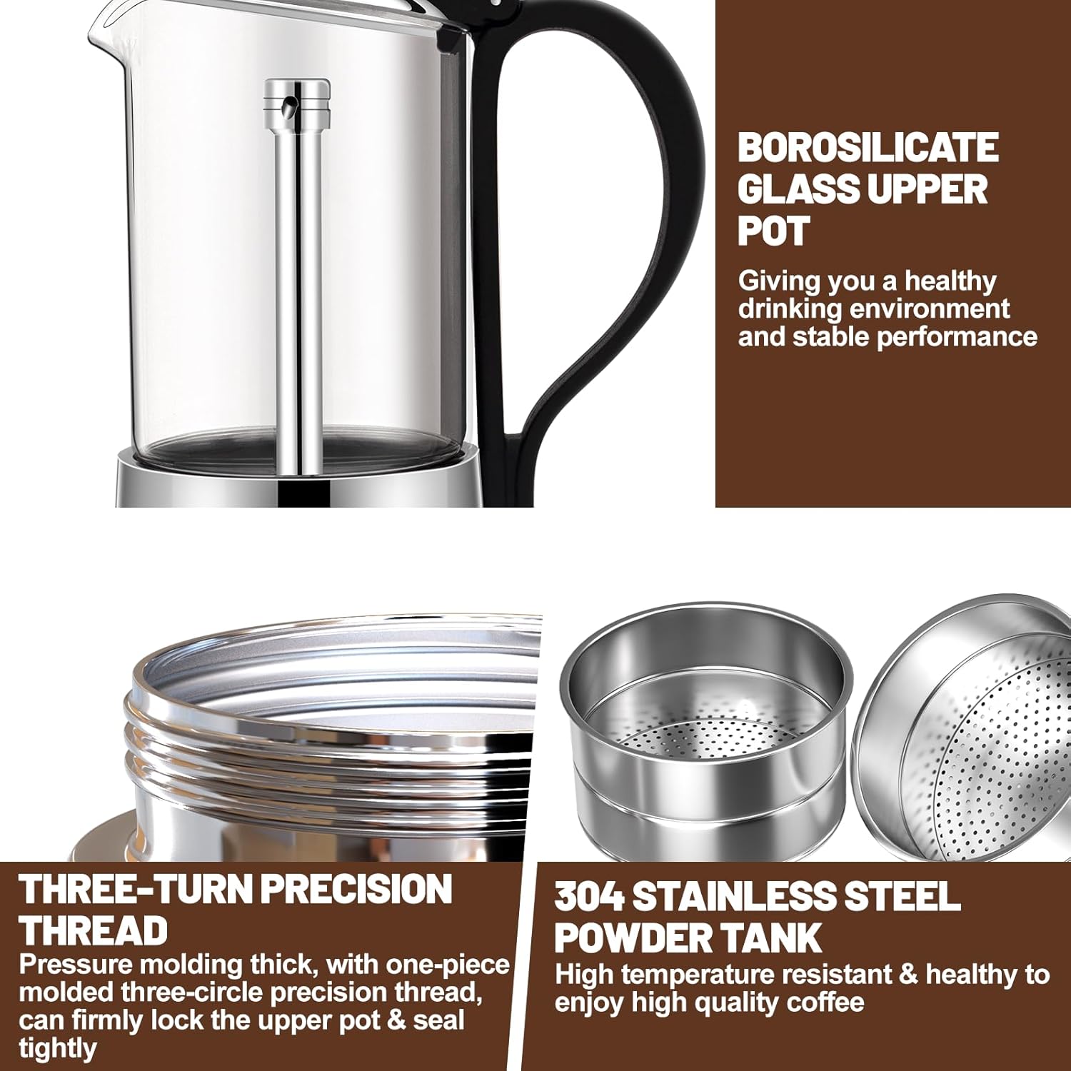 4 Cup Glass Transparent Moka Pot Stainless Steel Uncoated Stovetop Espresso Maker Italian Coffee Makers Mocha Greca Machine Cafe Classic Induction Cookers for Home Camping 220ml