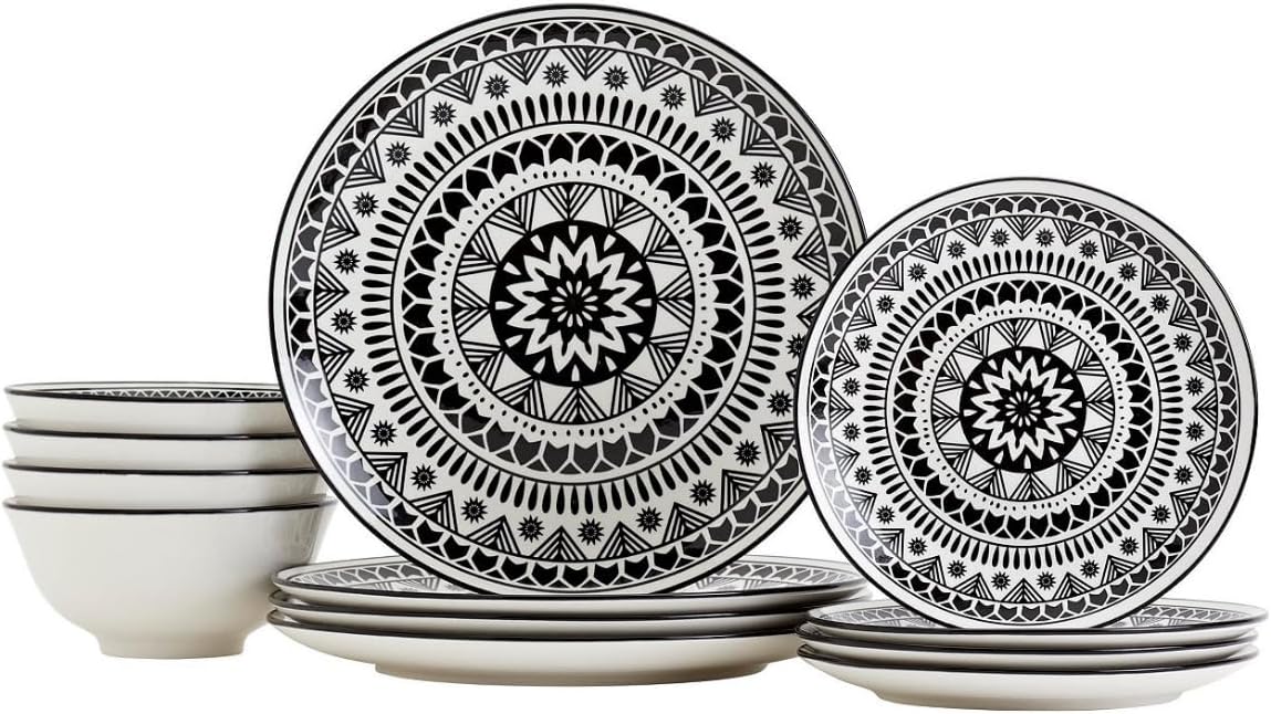 Tabletops Gallery 12 Piece Black Pad Print Dinnerware Set Microwave Safe/Dishwasher Safe