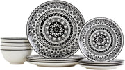 Tabletops Gallery 12 Piece Black Pad Print Dinnerware Set Microwave Safe/Dishwasher Safe