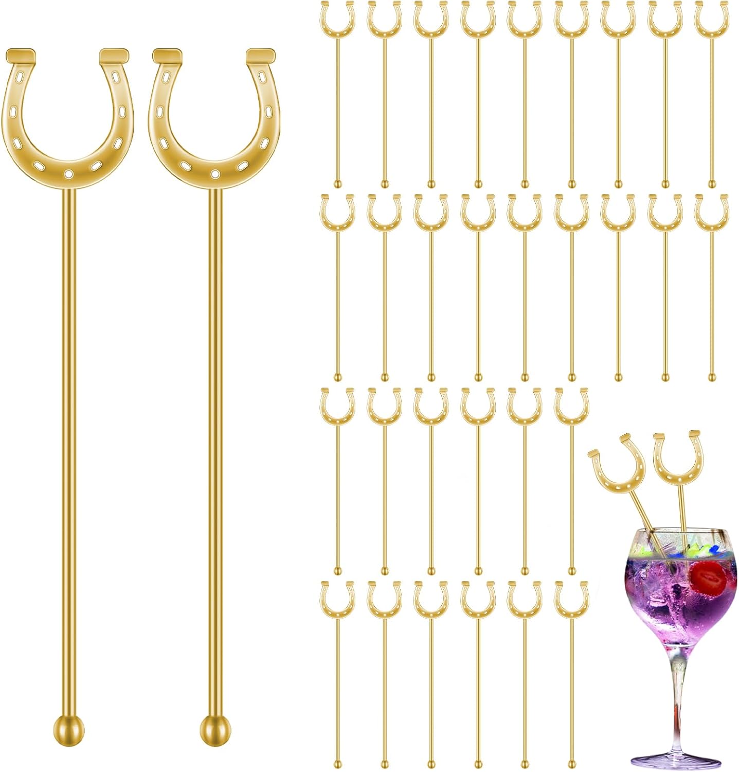 6 Inch Derby Drink Plastic Stirrers Swizzle Sticks for Cocktails Coffee Reusable U Shaped Horseshoe Drink Stirrers for Coffee Beverage Party Bar Weddings Events(Gold,30 Pcs) - Open Box