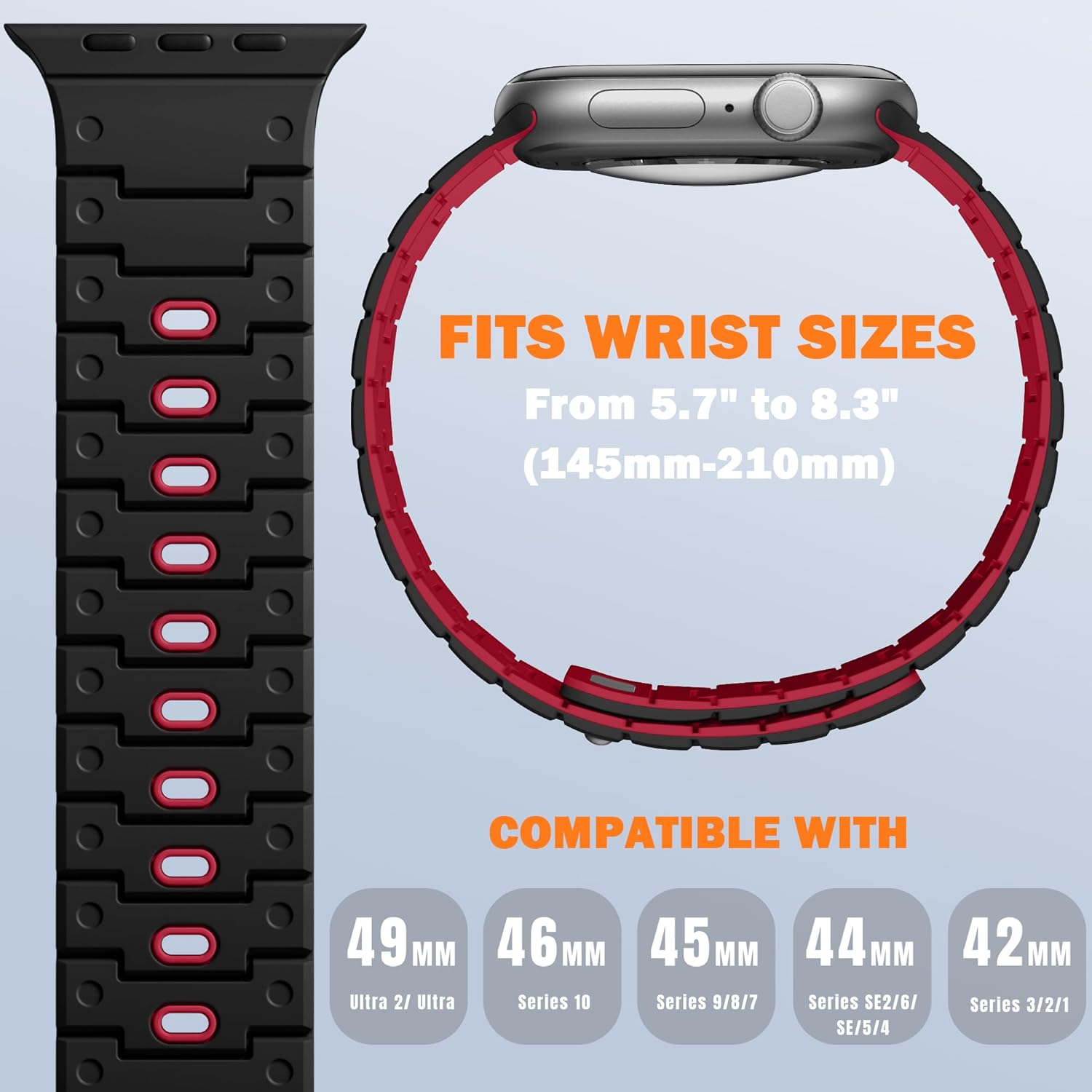 Magnetic Silicone Watch Band Compatible with Apple Watch Series 10 Band 46mm for Men 49mm/45mm/44mm/42mm(3/2/1), Rugged Soft Silicone Sport Watchband for iWatch SE2/SE/9/8/7/6/5/4, Black/Red - Open Box
