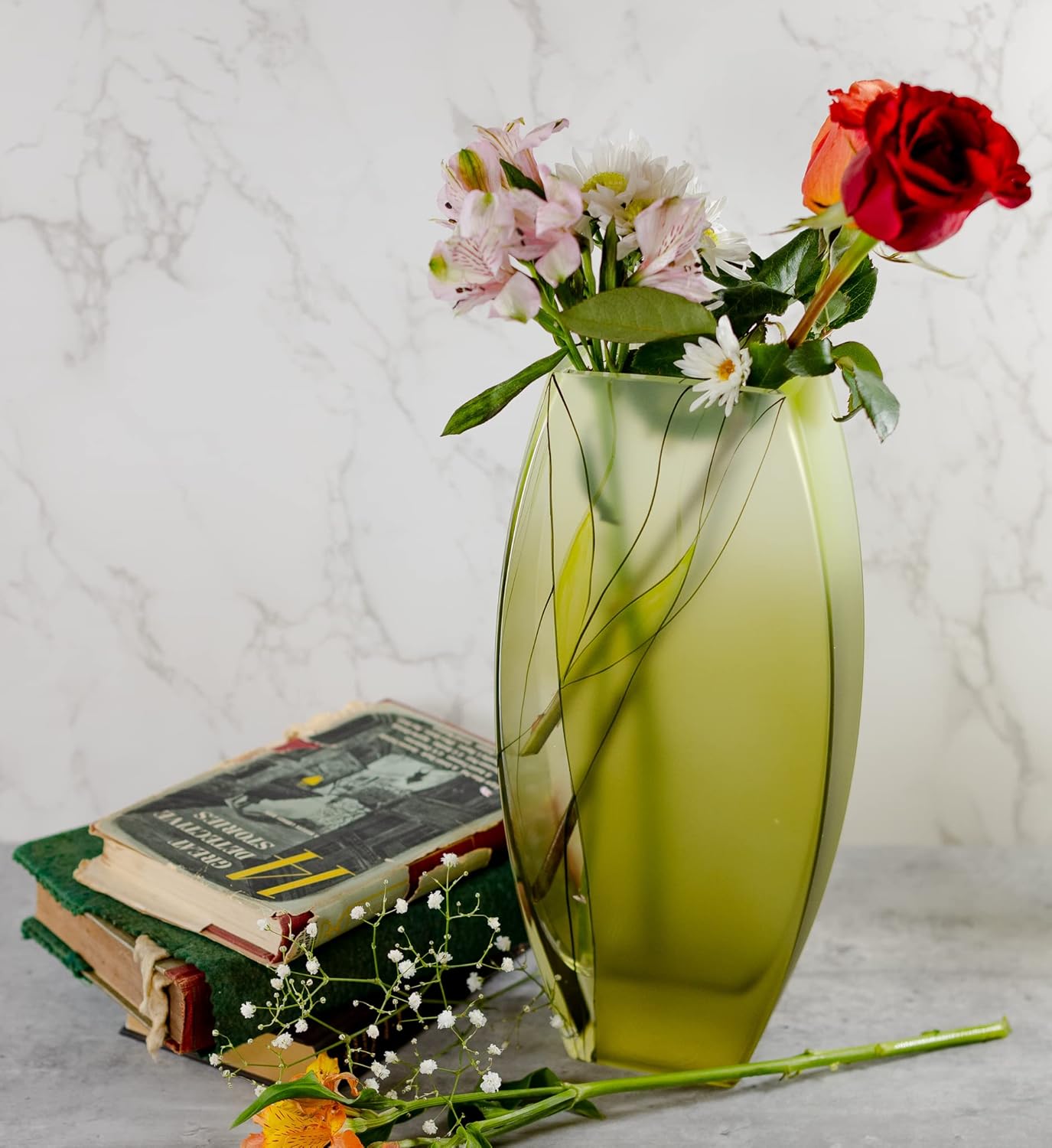 Badash Evergreen Square Glass Vase - 12.5" Tall Glass Vase for Flowers, Centerpieces & Decorative Home Decor - European Mouth-Blown Glass Hand-Decorated Design