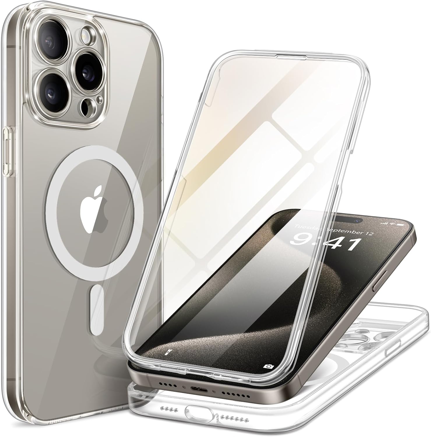 BERFY Magnetic for iPhone 15 Pro Max Case, Compatible with Magsafe, Built-in 9H Tempered Glass Screen Protector & Full Camera Protection, Full Body Clear Shockproof Phone Case for 15 Pro Max, Clear - Open Box