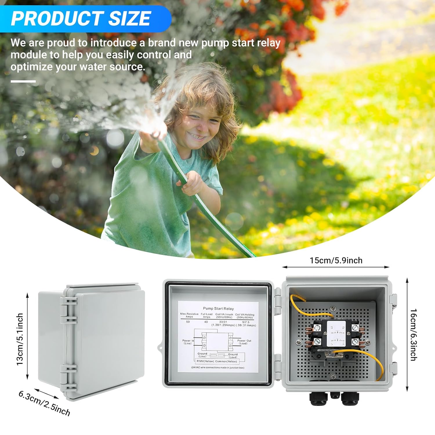 Briidea Irrigation Pump Start Sprinkler Relay with Waterproof Box, 2 Pole AC Contactor, 40Amp 24V Coil, Compatible with Pumps Up to 5HP - Open Box