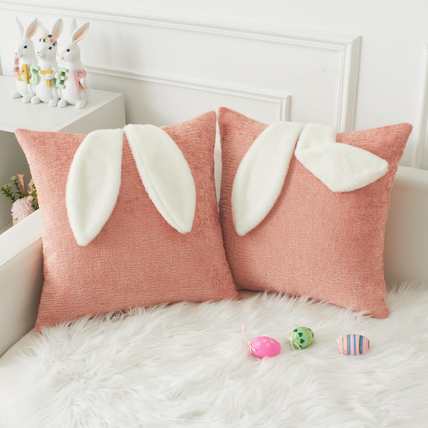 Kevin Textile Cute Bunny Rabbit Ears Pillow Covers 18 x 18 Inch Pack of 1 Soft Chenille Throw Pillowcase for Kids Girls Women Birthday Couch Soft Bedroom Decorations Pink