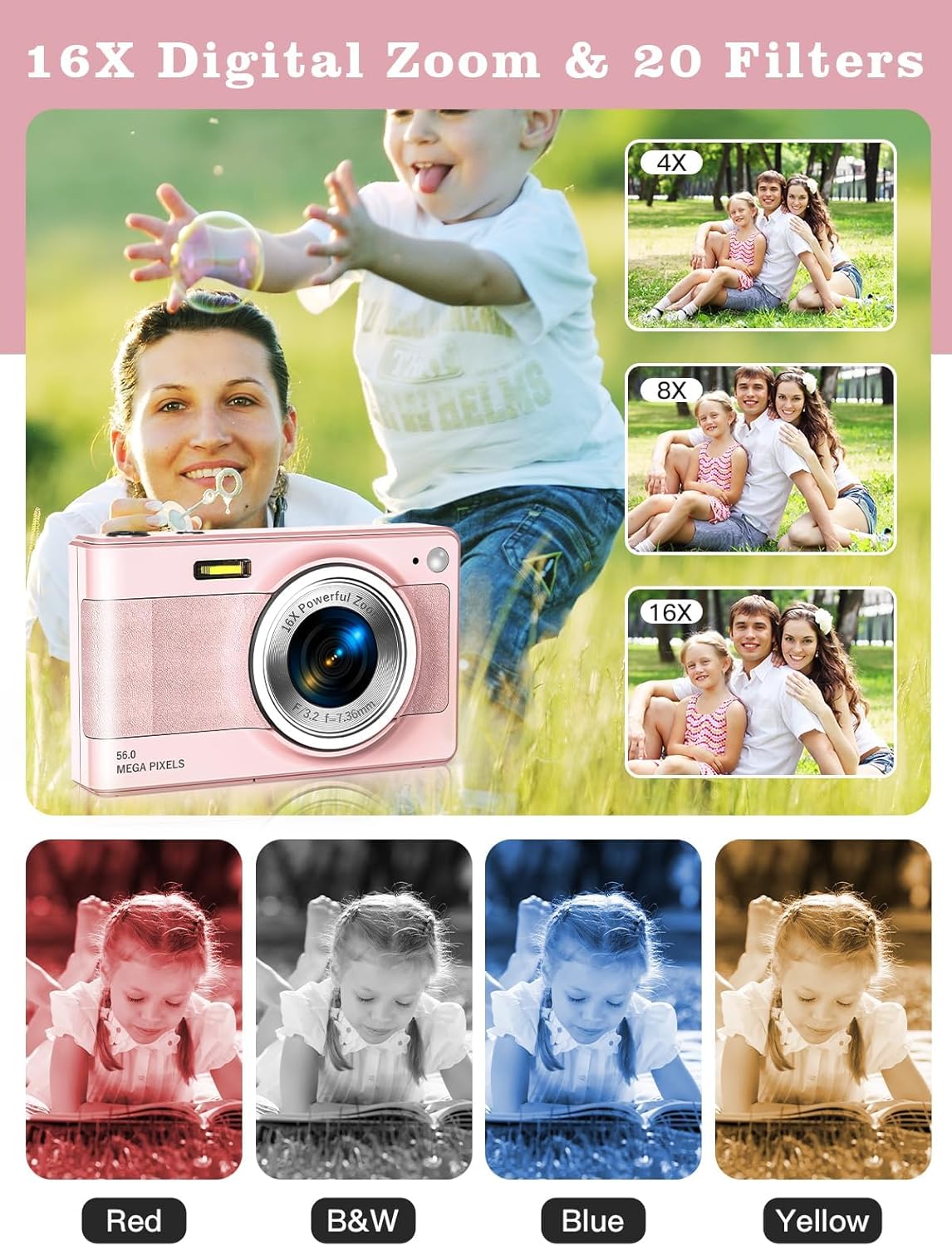 Upgrade Kids Digital Camera - 56MP FHD 1080P with 16x Zoom, Anti-Shake, 32GB TF Card, Two Batteries, Lanyard - Compact Small Camera for Kids (Pink)