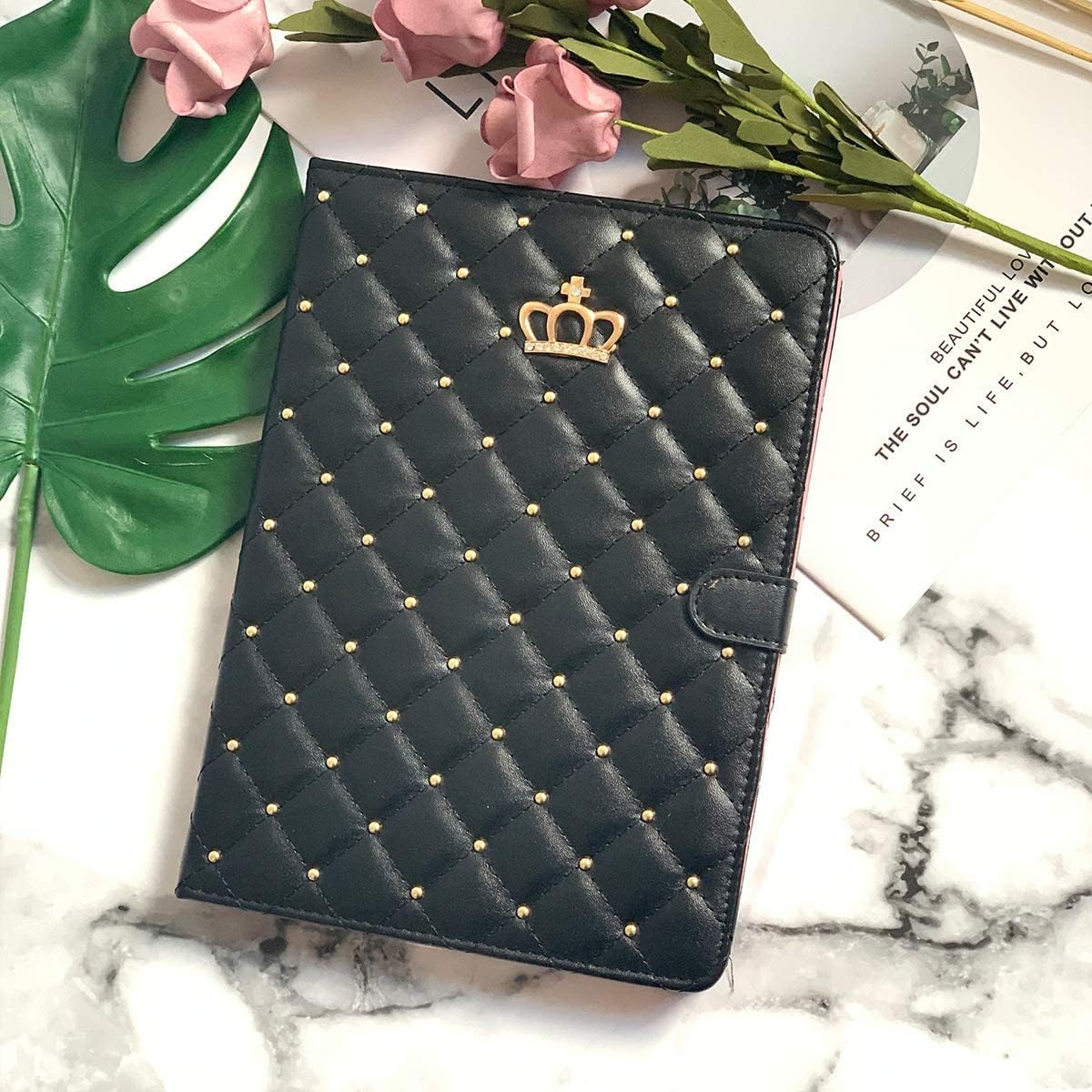 Topwin Cute Crown Case for iPad 10.2 2021/2020/2019 (9th/8th/7th Gen) - Bling Diamond Elegant PU Leather Smart Auto Sleep/Wake Stand Shockproof Girly for Apple iPad 7/8/9 10.2 Inch (Black) - Open Box