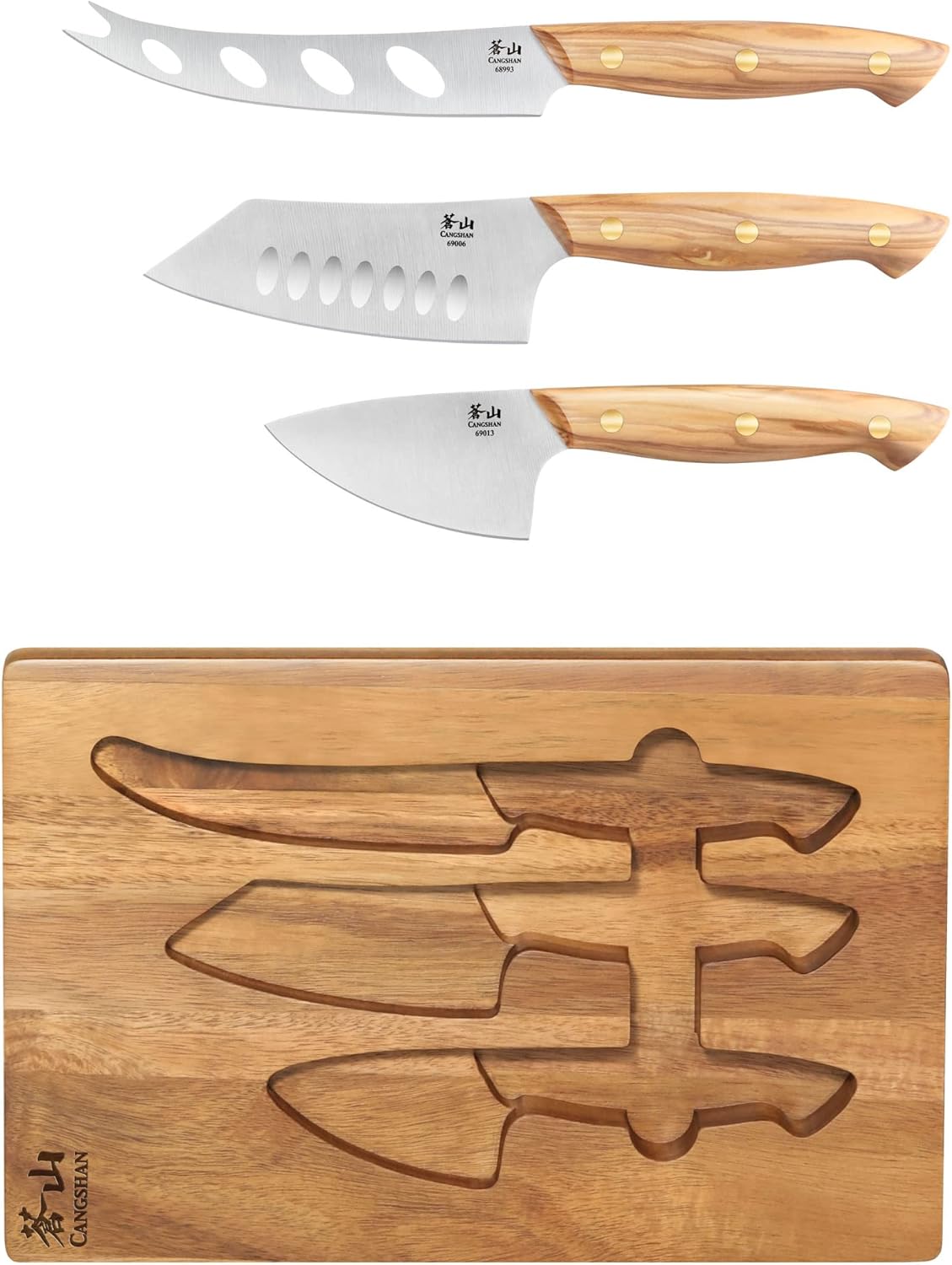 Cangshan 1027327 3-Piece Olive Wood Cheese Knife Set with Acacia Cheese Board