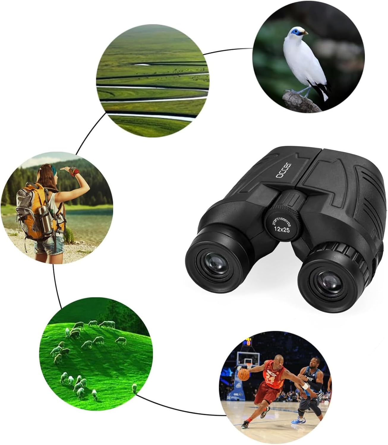 Occer 12x25 Compact Binoculars for Adults and Kids, Large Eyepiece Waterproof Binocular with Low Light Vision,High Powered Easy Focus Binoculars for Bird Watching,Outdoor Hunting,Travel,Sightseeing - Open Box
