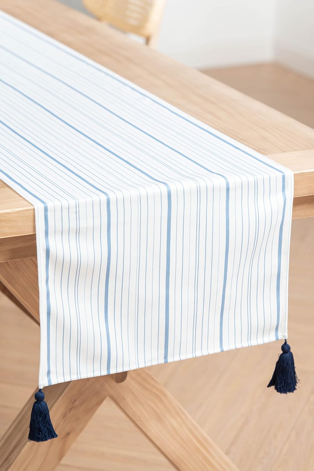 Hofdeco Premium Coastal Indoor Outdoor Blue Table Runner, 18“x108” Waterproof Dining for Patios, Missi Stripe Tassel - Open Box