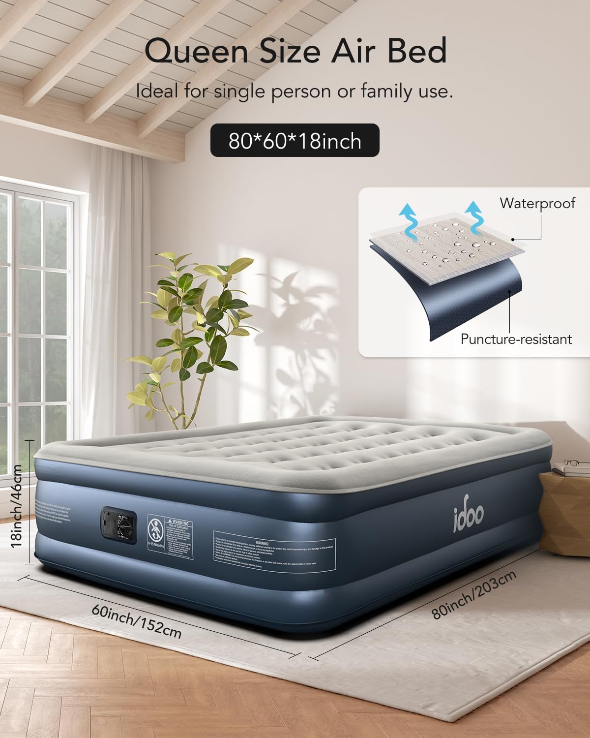 iDOO Queen Air Mattress with Built in Pump, 18 Raised Comfort Inflatable Blow up Mattress, Upgraded Four Chamber Portable Air Bed for Camping, Guests and Home, Colchon Inflable, 650 lbs Max - Open Box