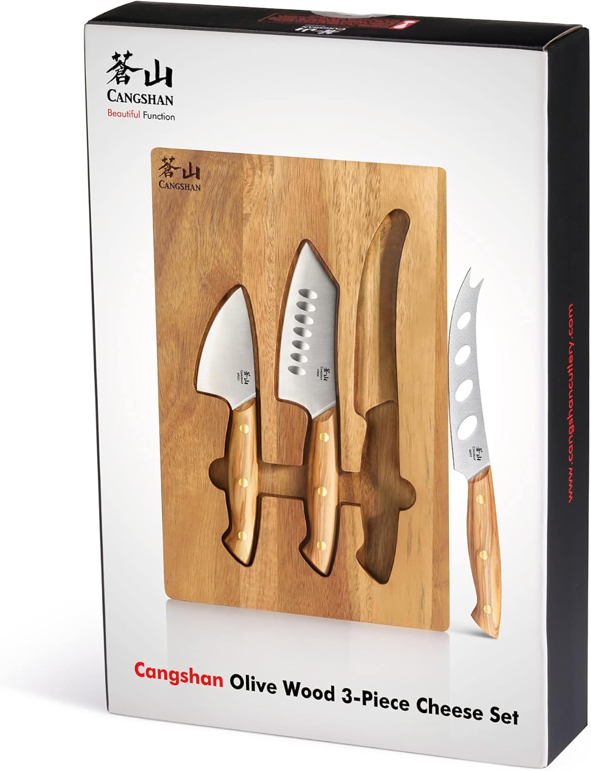 Cangshan 1027327 3-Piece Olive Wood Cheese Knife Set with Acacia Cheese Board