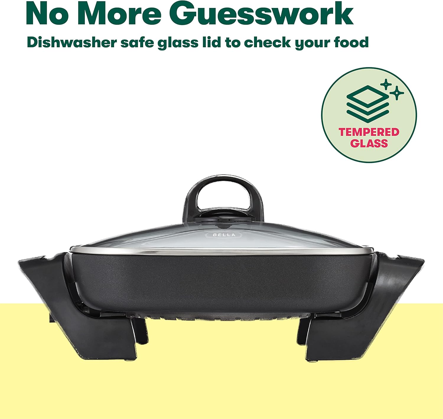 bella Electric Skillet and Frying Pan with Glass Lid, Nonstick Coating, Cool Touch Handles, Removable Heating Probe, Dishwasher Safe, 12 x 12 inch, Black, PFOA & PTFE Free