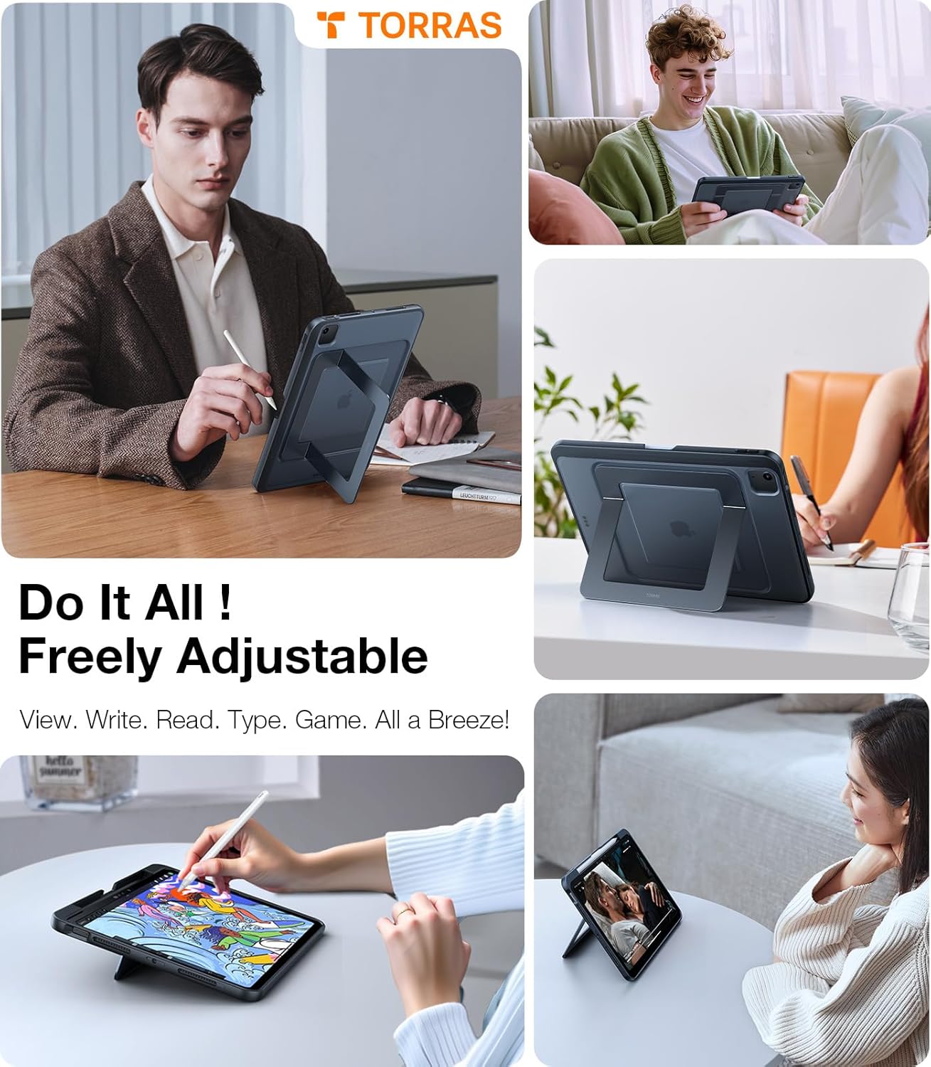 TORRAS for iPad Air 13 inch Case (M3 2025/ M2 2024) & iPad Pro 12.9 Case (2022/2021), Ultra Stable Stand, Multiple Adjustable Viewing Angles, Slim Protective Kickstand Cover with Pencil Holder, Black - Open Box