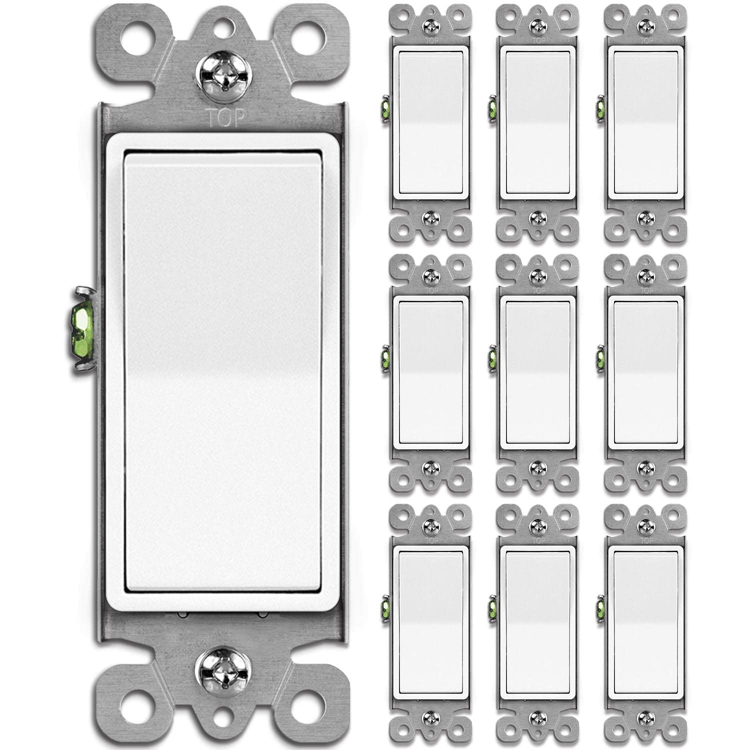 BESTTEN 10 Pack Single Pole Decorator Wall Light Switch, 15A 120/277V, Paddle Light Switch, On/Off Rocker Interrupter, UL Listed, White - Open Box
