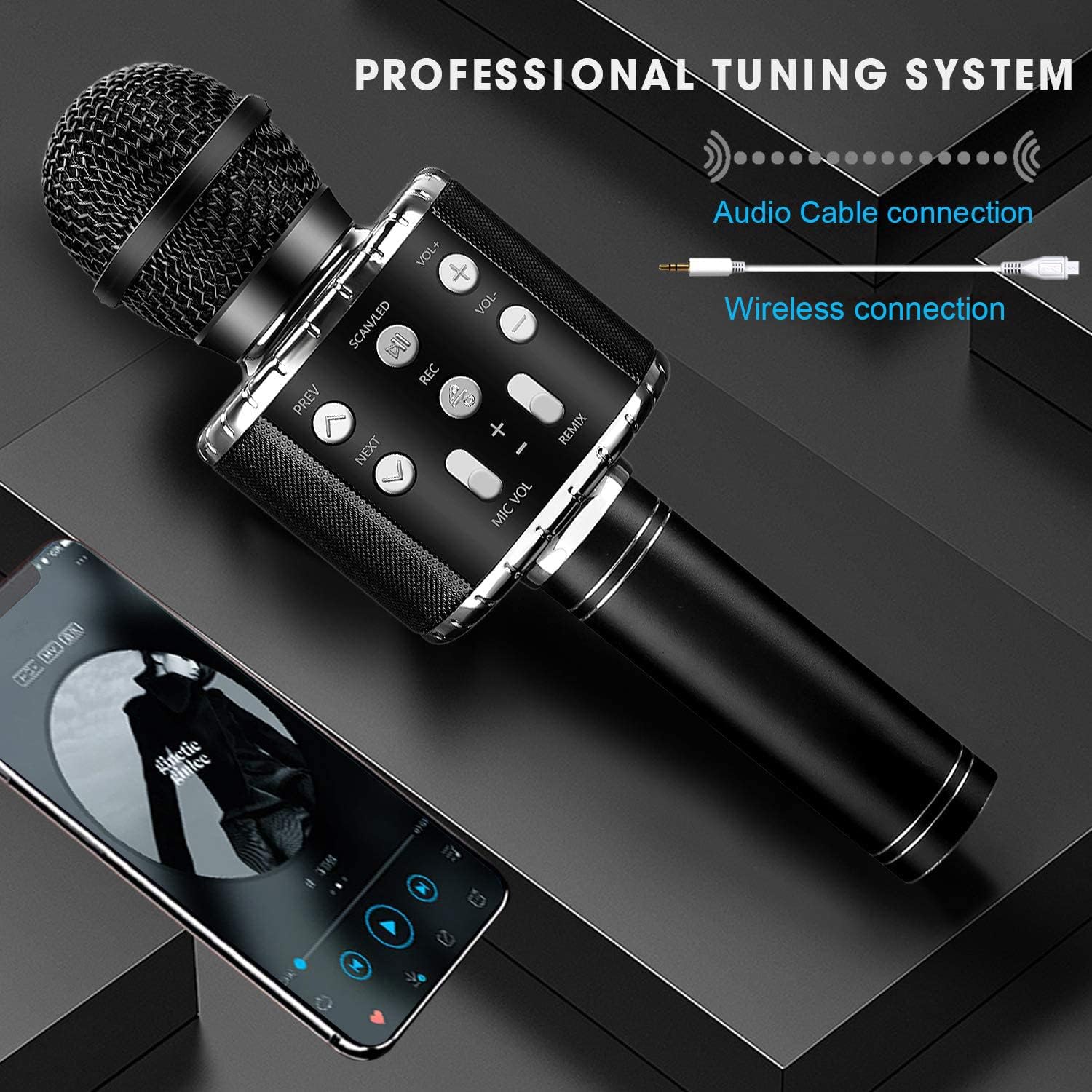BlueFire 4 in 1 Karaoke Wireless Microphone with LED Lights, Portable Microphone for Kids, Great Gifts Toys for Kids, Girls, Boys and Adults (Black) - Open Box