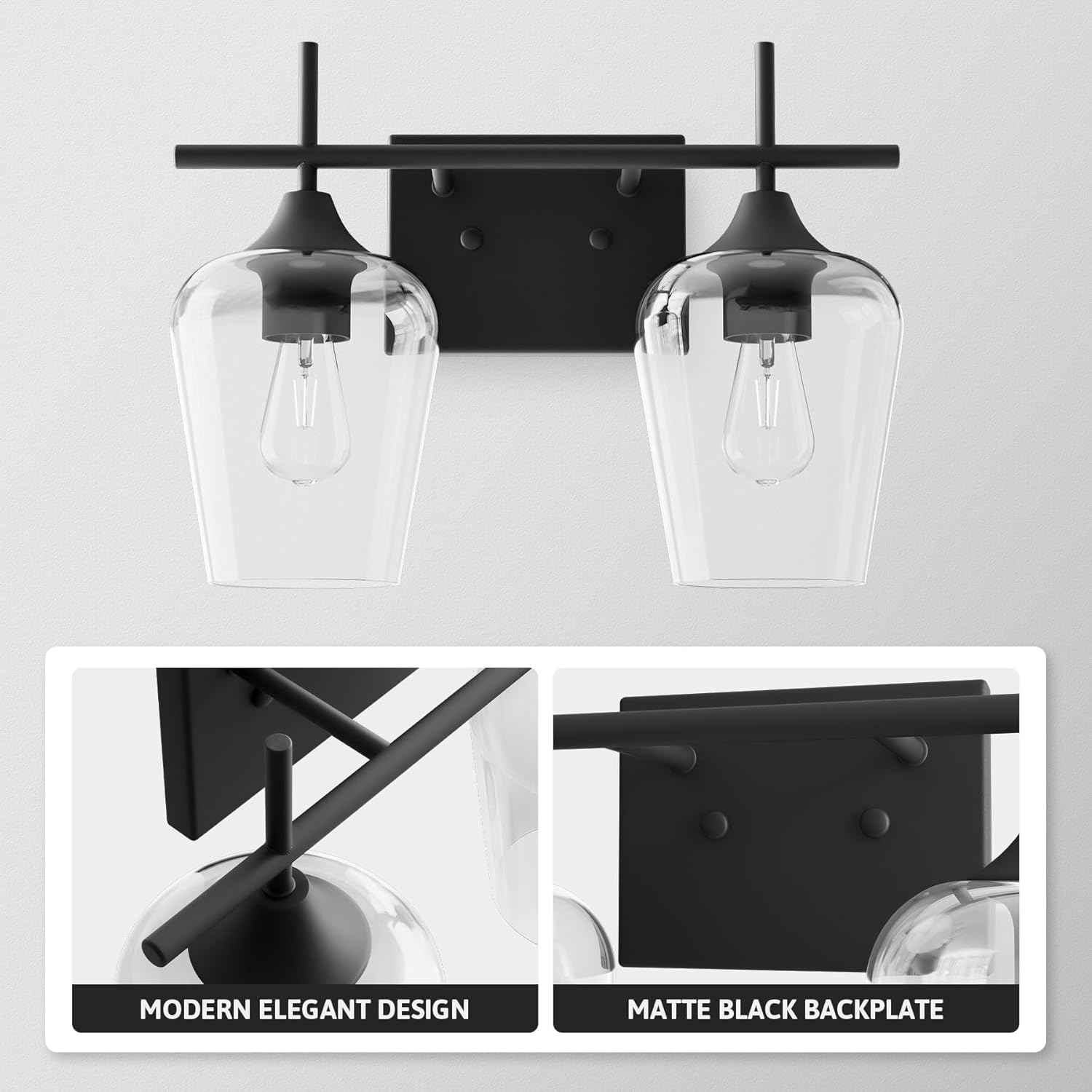 VONLUCE Bathroom Vanity Light, 2 Light Bathroom Light Fixture Over Mirror, Bathroom Wall Lamp with Clear Glass, Modern Black Vanity Lighting fixtures for Bathroom, Bedroom, Hallway - Open Box