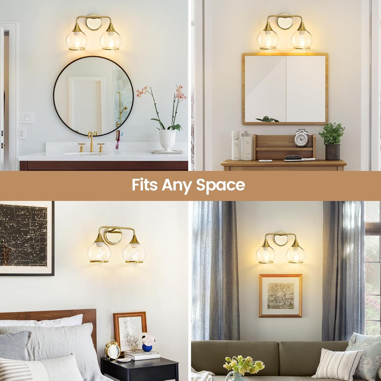 SILAMPDI Gold Bathroom Light Fixtures 2-Lights Vanity Lights with Clear Glass Shade Bathroom Vanity Light 14 Inch Wall Sconces for Mirror Bedroom Living Room Hallway (Exclude E26 Bulb) - Open Box