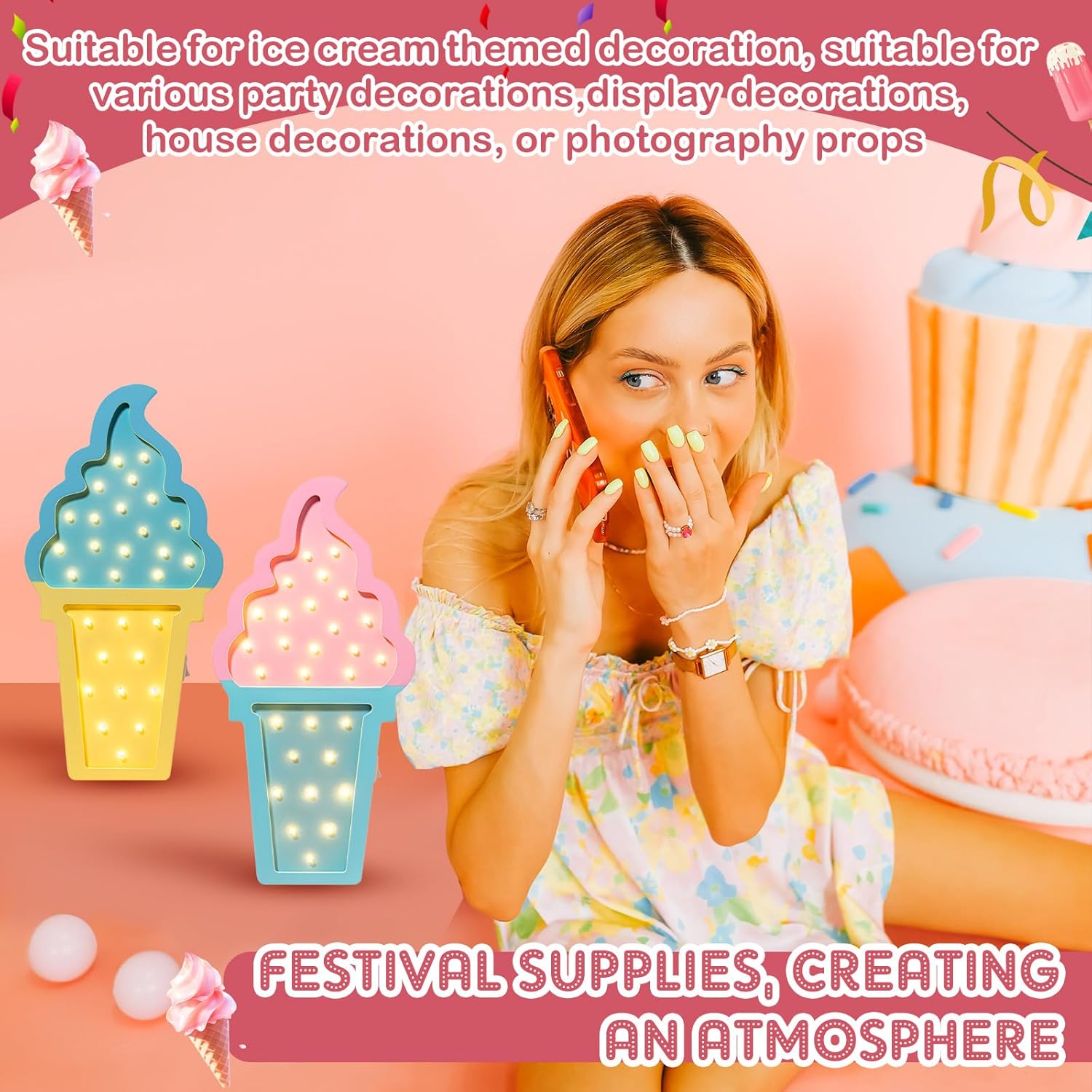 4 Pcs Ice Cream Night Party Decorations LED Lights, Wooden Wall Decor for Baby Showers, Ice Cream Truck Parties, Summer Birthday & Romantic Atmosphere Battery Operated Lamp Set - Open Box
