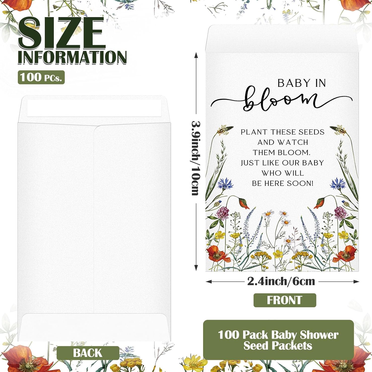 Fumete 100 Pcs Baby in Bloom Seed Packet Favors Wildflower Baby Shower Self Adhesive Envelopes for Guests Flower Packet Kraft Mini Organizer Decorations for Party Gift Favors, No Seeds (Wildflower) - Open Box