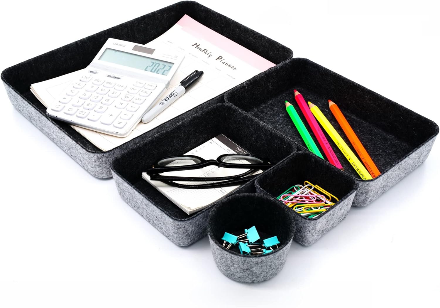 WELAXY Office Desk Drawer Organizer Trays Felt Storage Bins Paper Letter Trays Document File Papers Magazines Sorter Organizing Box Round 5 Piece(Charcoal)