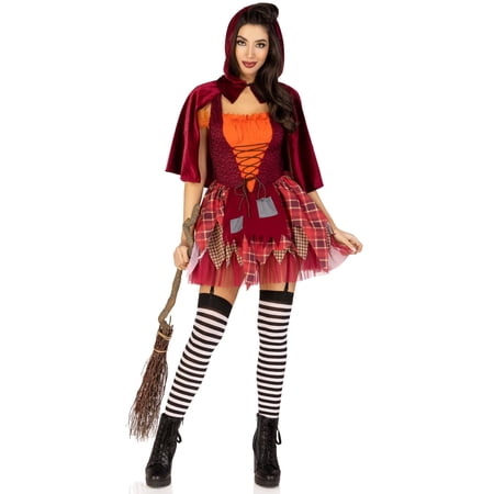 Leg Avenue Women's 2 Pc Salem Sweetie Costume with Lace Up Patchwork Peasant Dress, Collared Caplet w/ Pointed Hood