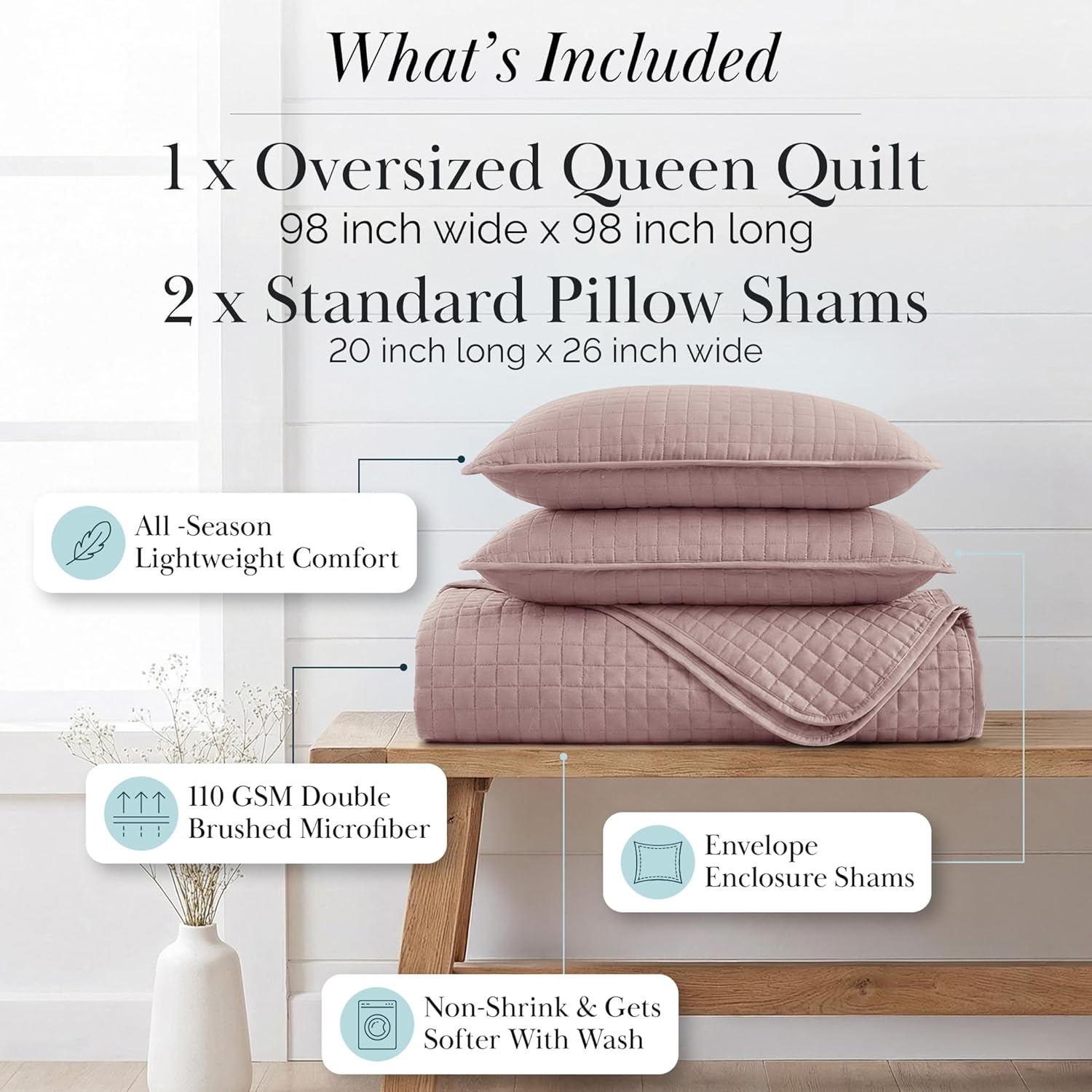 Southshore Fine Living, Inc. Full/Queen Quilt Set, Full Size Quilts with 2 Matching Pillow Shams, Lightweight Quilt Coverlet, Lightweight, Easy Care Machine Washable Queen Size Bedspread, Lavender
