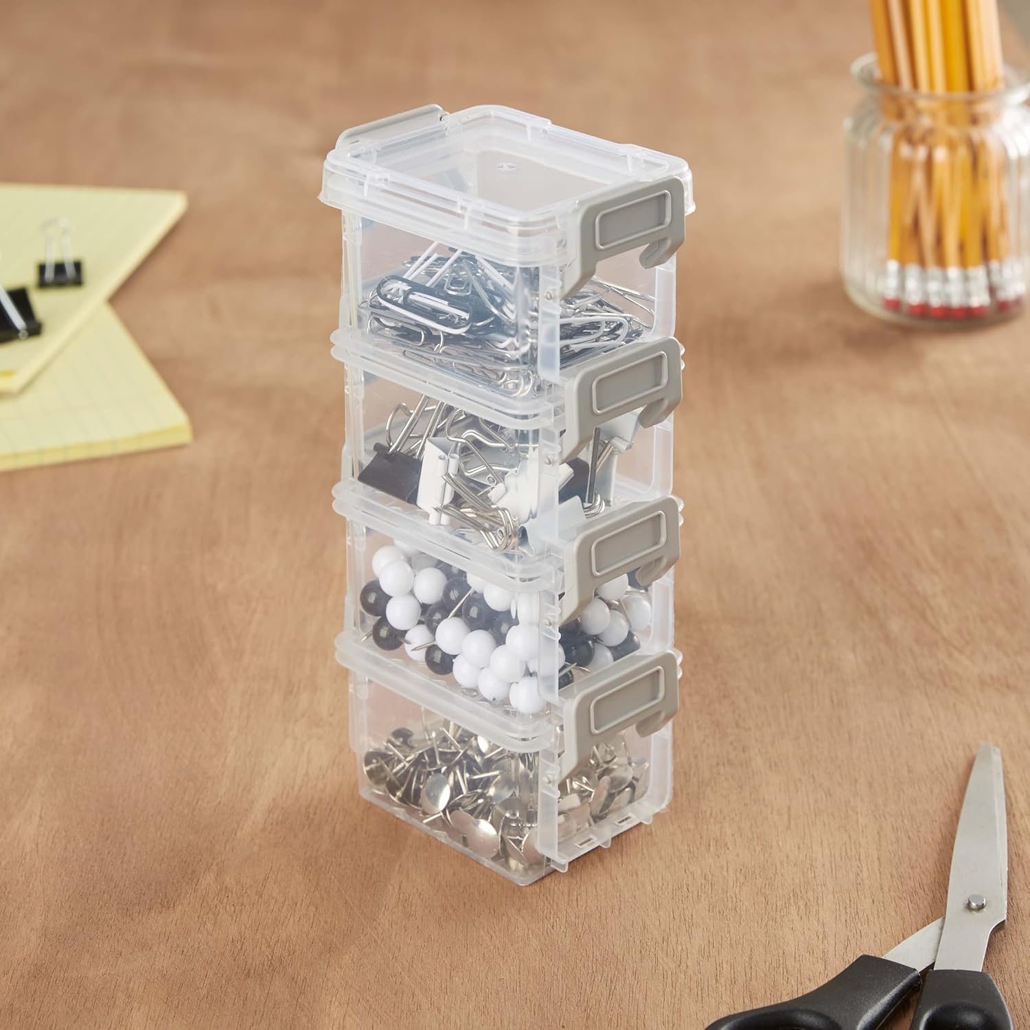 Simplify Storage Boxes| 4 Pack | 5oz | Stackable | Lockable Lid | Great for Office Accessories | Home Storage | Clear and Grey