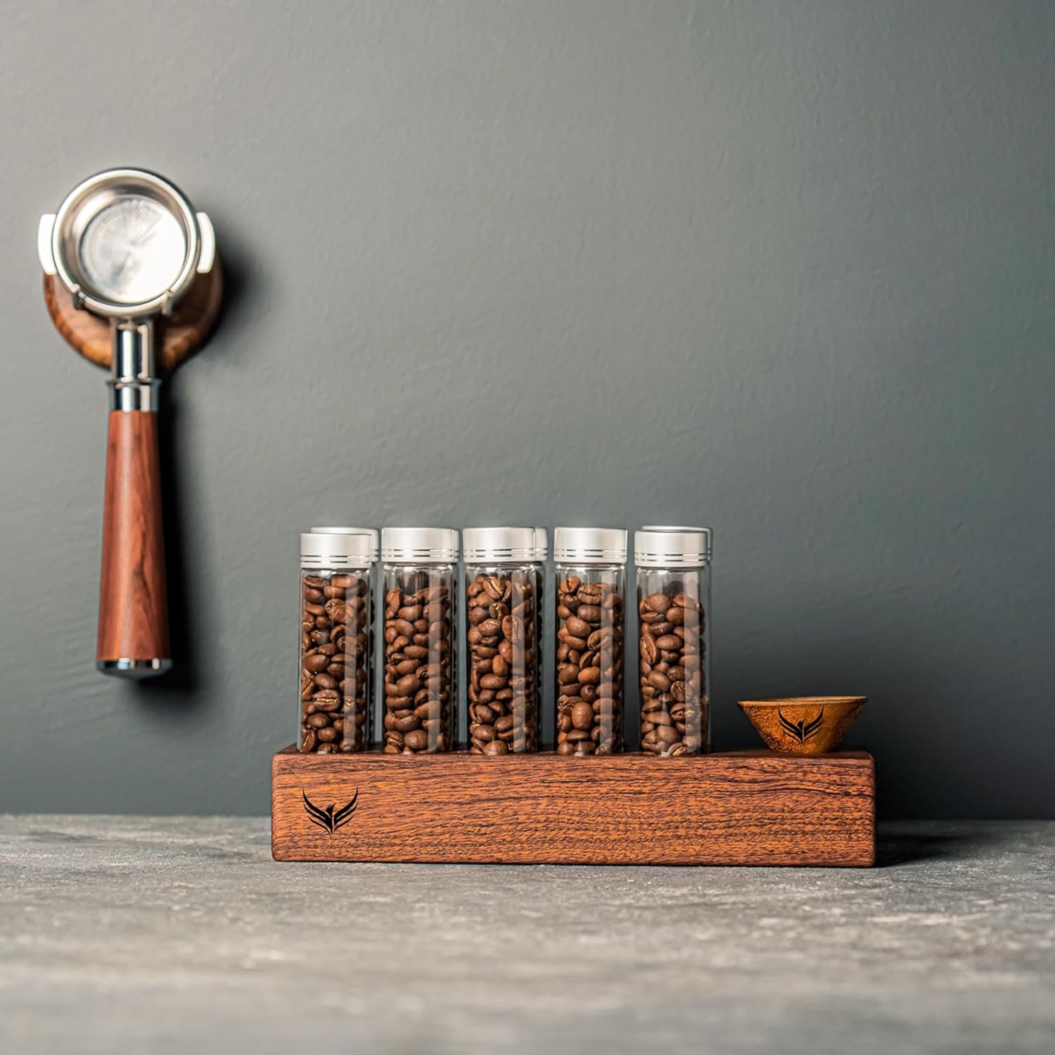 Single Dose Coffee Bean Storage Tubes Coffee Bean Cellar 10 Pcs Dosing Glass Vials With Lids (2 Oz) Wooden Display Stand And Funnel  - Open Box