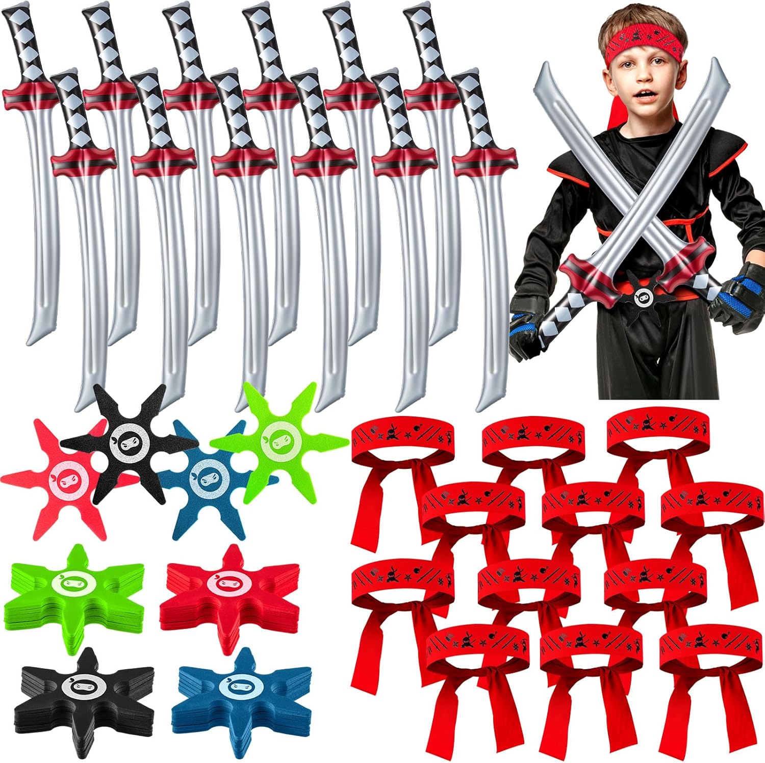 Deekin 48 Pcs Ninja Karate Party Favors Includes Inflatable Sword,Throwing Foam Star Toys,Karate Headbands for Ninja Theme Party Decorations Goodie Bag Fillers Gifts Boys Girls Costume Accessories - Open Box