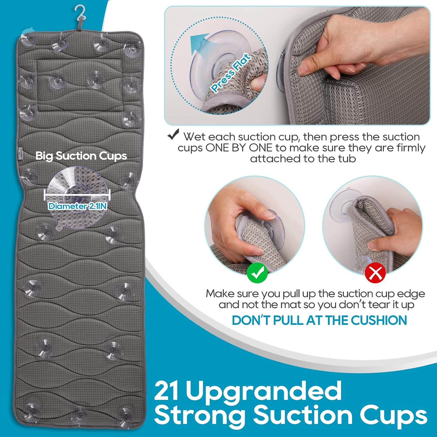 OMYSTYLE Full Body Bath Pillow, Bath Pillows for tub with Mesh Washing Bag & 21 Non-Slip Suction Cups, Spa Bathtub for Head Neck Shoulder and Back Support - 5D Air Mesh & Quick Drying | Gray  - Open Box