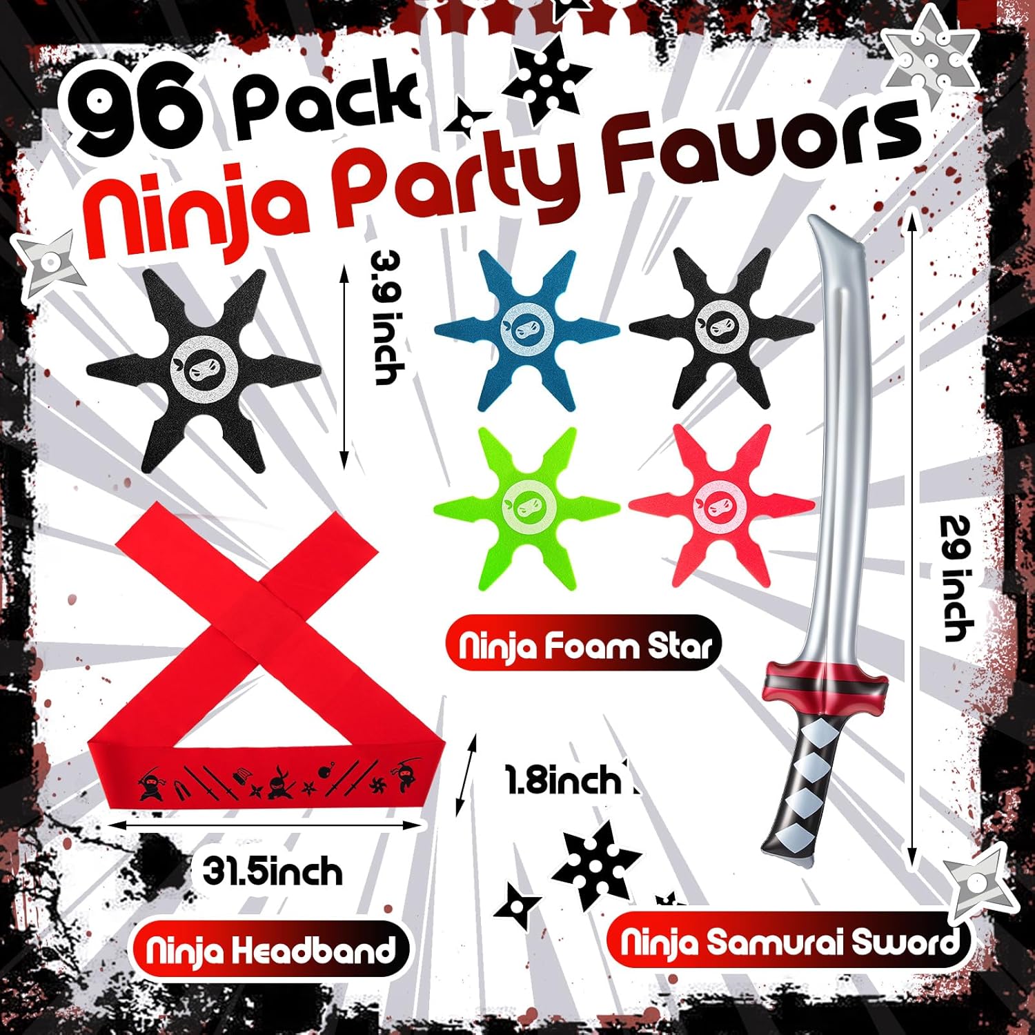 Deekin 48 Pcs Ninja Karate Party Favors Includes Inflatable Sword,Throwing Foam Star Toys,Karate Headbands for Ninja Theme Party Decorations Goodie Bag Fillers Gifts Boys Girls Costume Accessories - Open Box